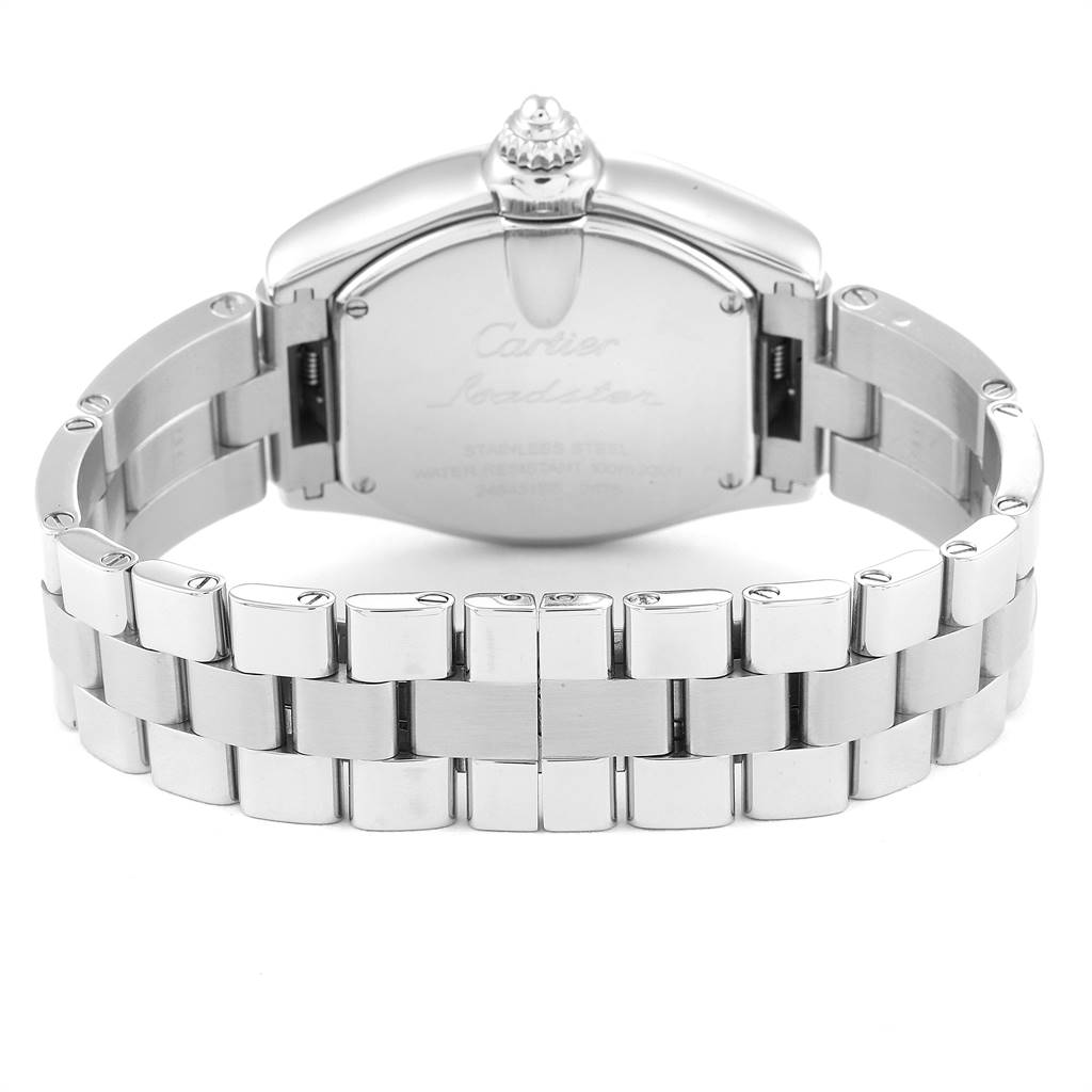 The image shows the back view of a Cartier Roadster W62016V3 Women
s Stainless Steel Silver Dial W62016V3 Women
s Stainless Steel Silver Dial watch, focusing on the stainless steel case and bracelet.