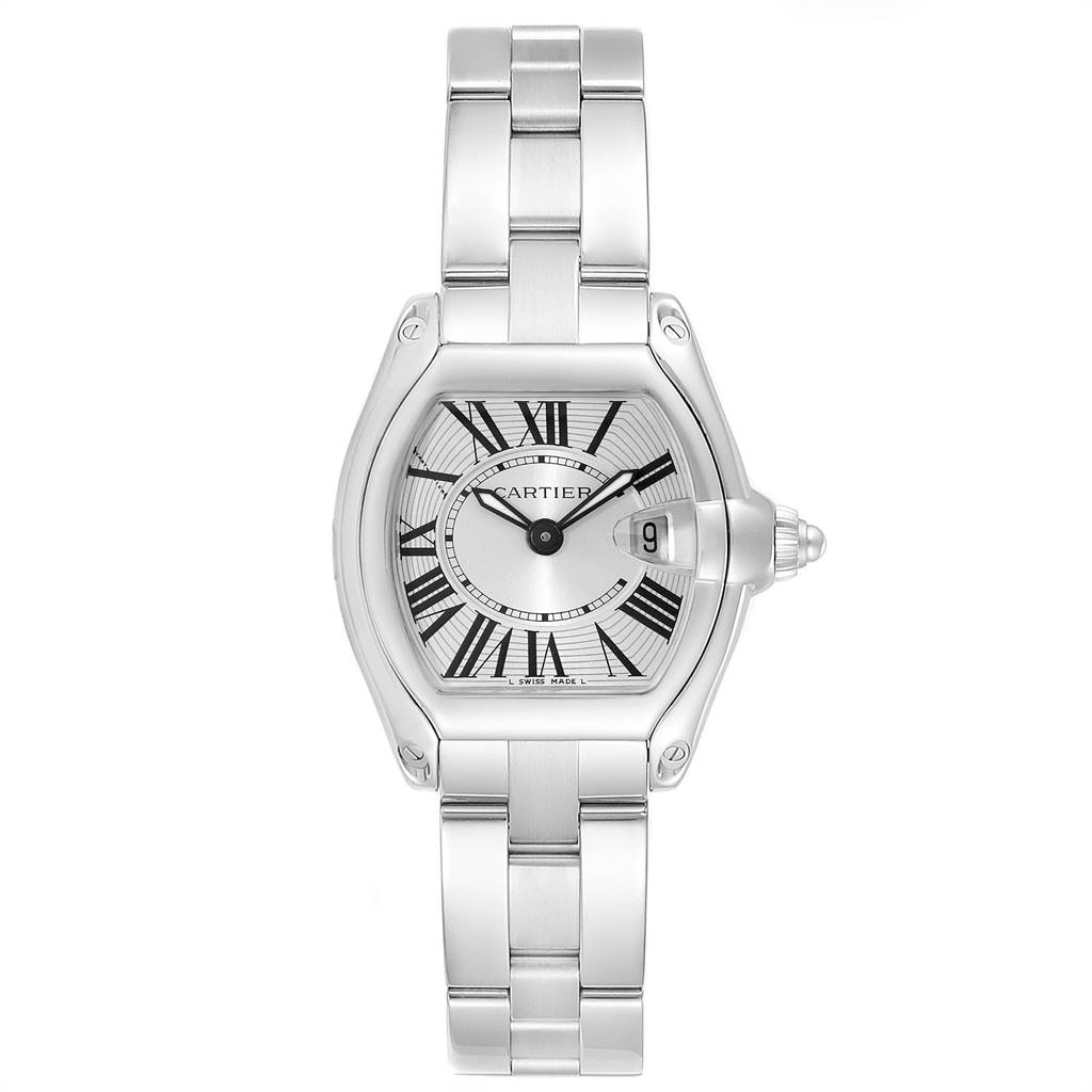 The image shows a front view of the Cartier Roadster W62016V3 Women
s Stainless Steel Silver Dial W62016V3 Women
s Stainless Steel Silver Dial watch, highlighting its dial, Roman numerals, bracelet, and crown.