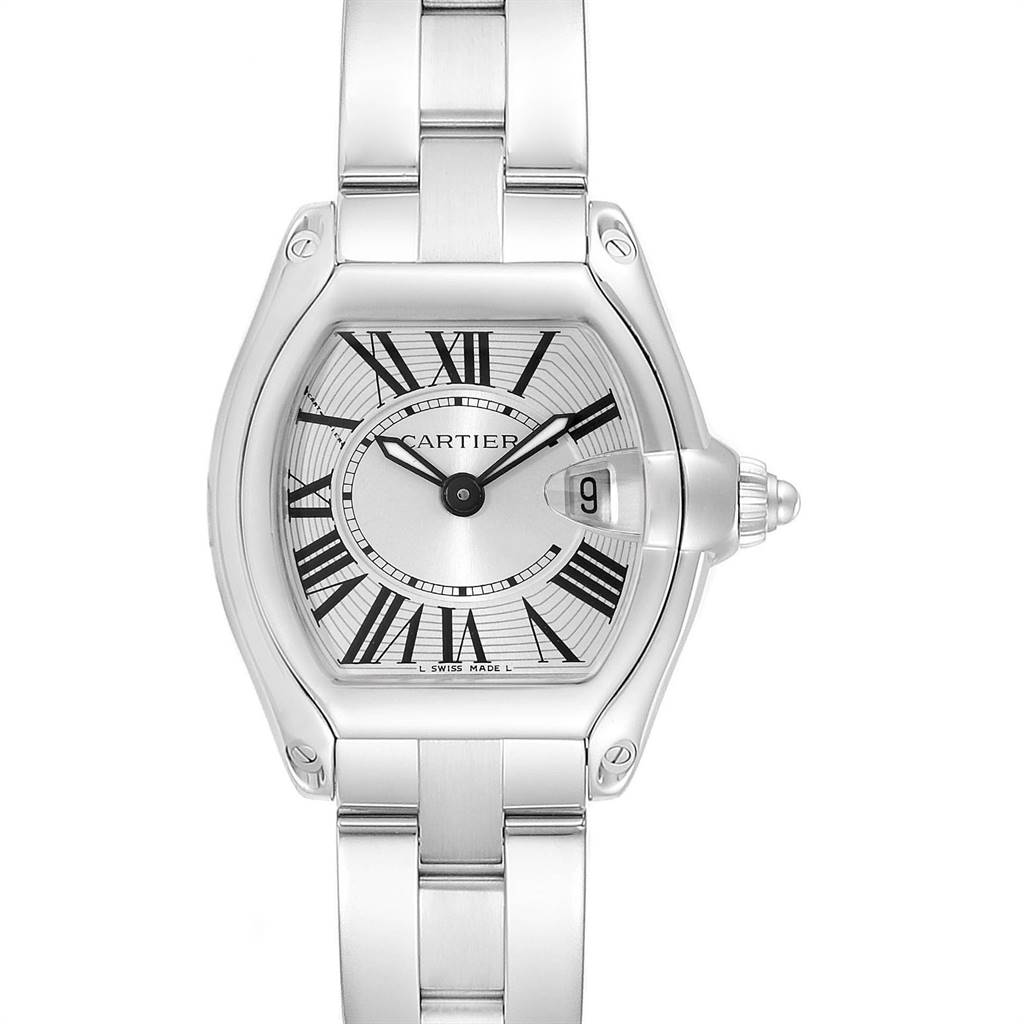 This Cartier Roadster W62016V3 Women
s Stainless Steel Silver Dial W62016V3 Women
s Stainless Steel Silver Dial watch is shown from a front angle, displaying the face, bezel, and bracelet.