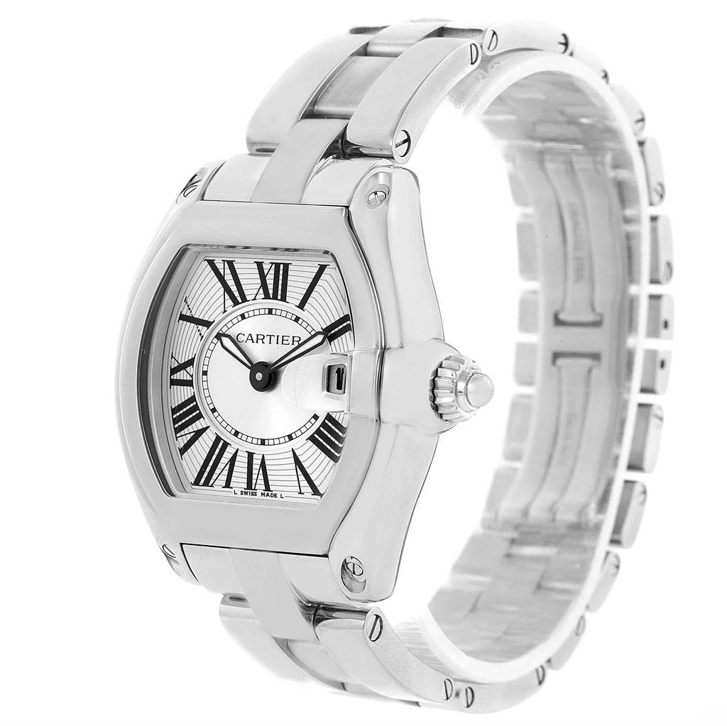 The image shows a Cartier Roadster W62016V3 Women
s Stainless Steel Silver Dial W62016V3 Women
s Stainless Steel Silver Dial watch at a three-quarter angle, highlighting its face, dial, crown, and bracelet.