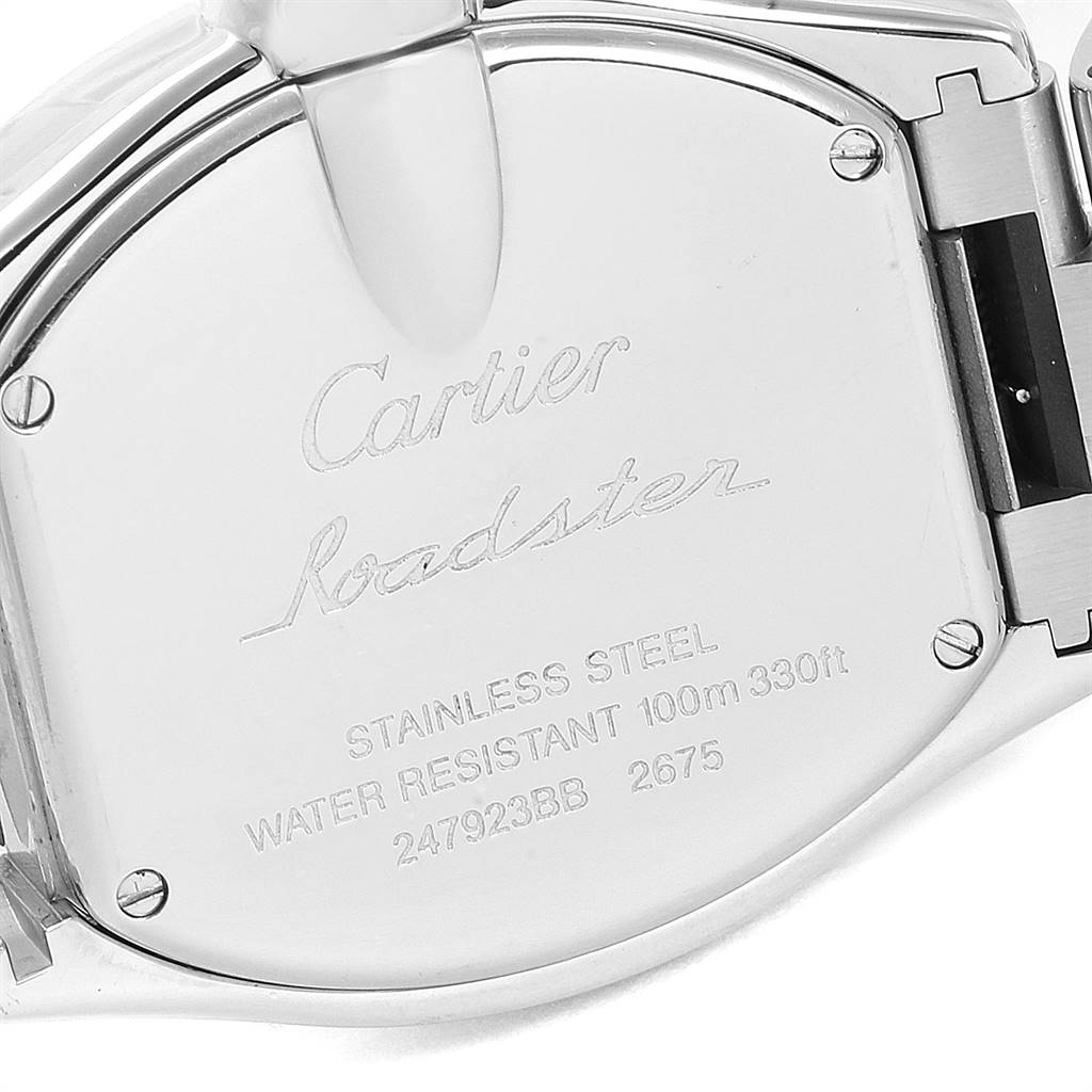 The image shows a close-up of the back case of a Cartier Roadster W62017V3 Women's Stainless Steel Pink Dial W62017V3 Women's Stainless Steel Pink Dial watch, featuring its model details and specifications.