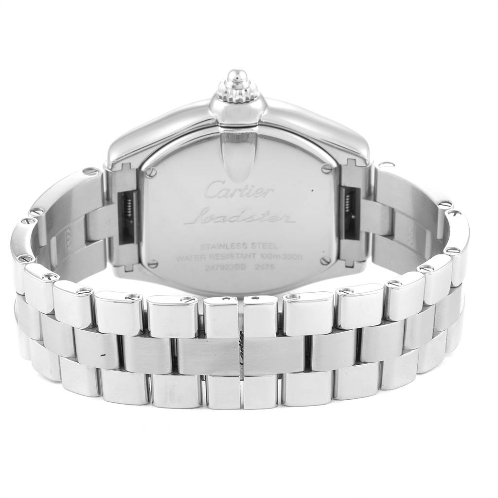 The image shows the back view of a Cartier Roadster W62017V3 Women's Stainless Steel Pink Dial W62017V3 Women's Stainless Steel Pink Dial watch, highlighting the case back and its stainless steel bracelet.