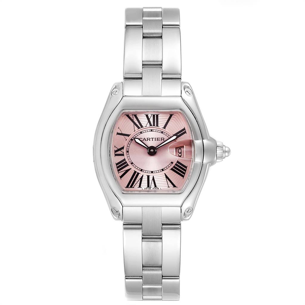 The Cartier Roadster W62017V3 Women's Stainless Steel Pink Dial W62017V3 Women's Stainless Steel Pink Dial watch is shown from a top-down angle, displaying its face, bezel, and stainless steel bracelet.