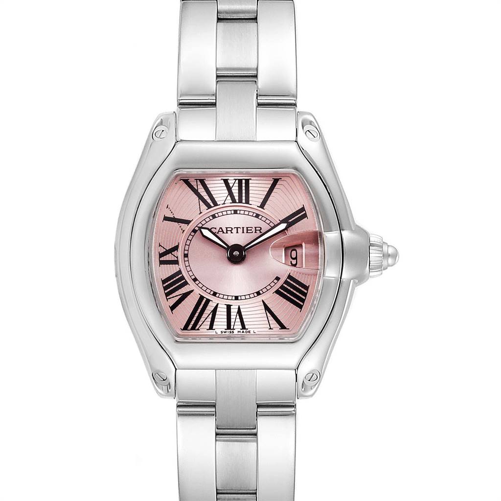 This image shows the full face and bracelet of a Cartier Roadster W62017V3 Women's Stainless Steel Pink Dial W62017V3 Women's Stainless Steel Pink Dial watch, viewed from the front.