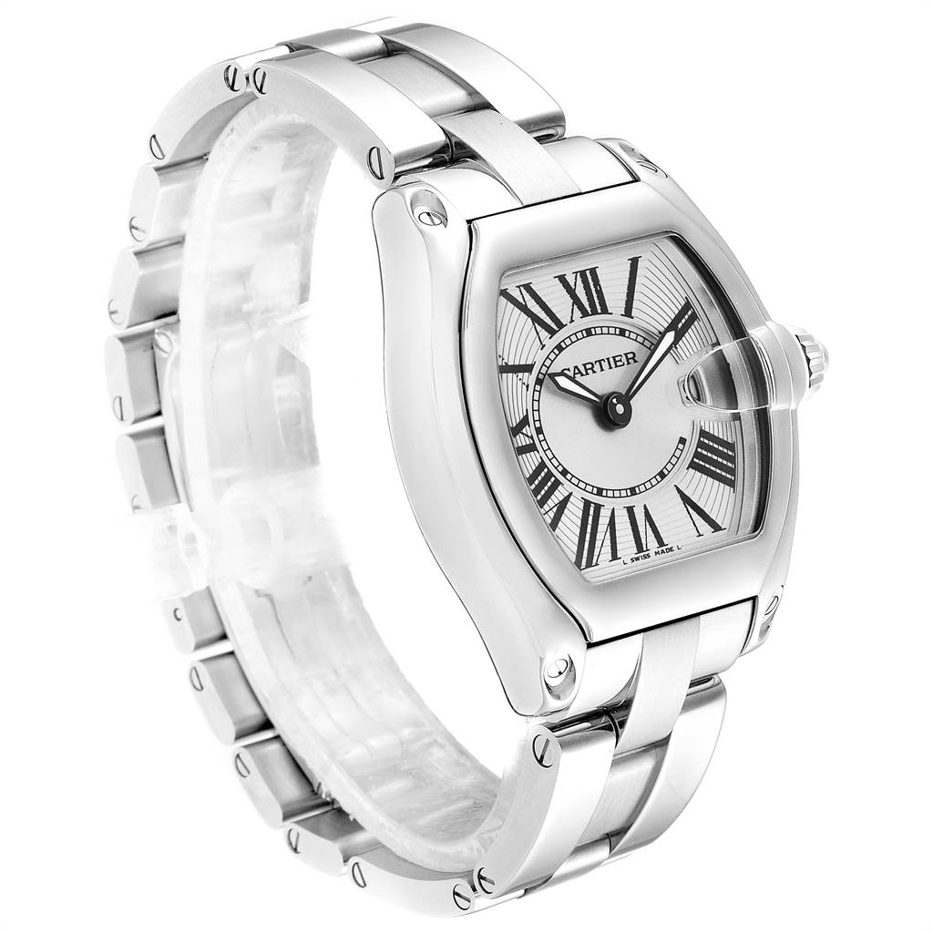 The Cartier Roadster W62016V3 Women
s Stainless Steel Silver Dial W62016V3 Women
s Stainless Steel Silver Dial watch is shown at a three-quarter angle, highlighting the face, bracelet, and crown.
