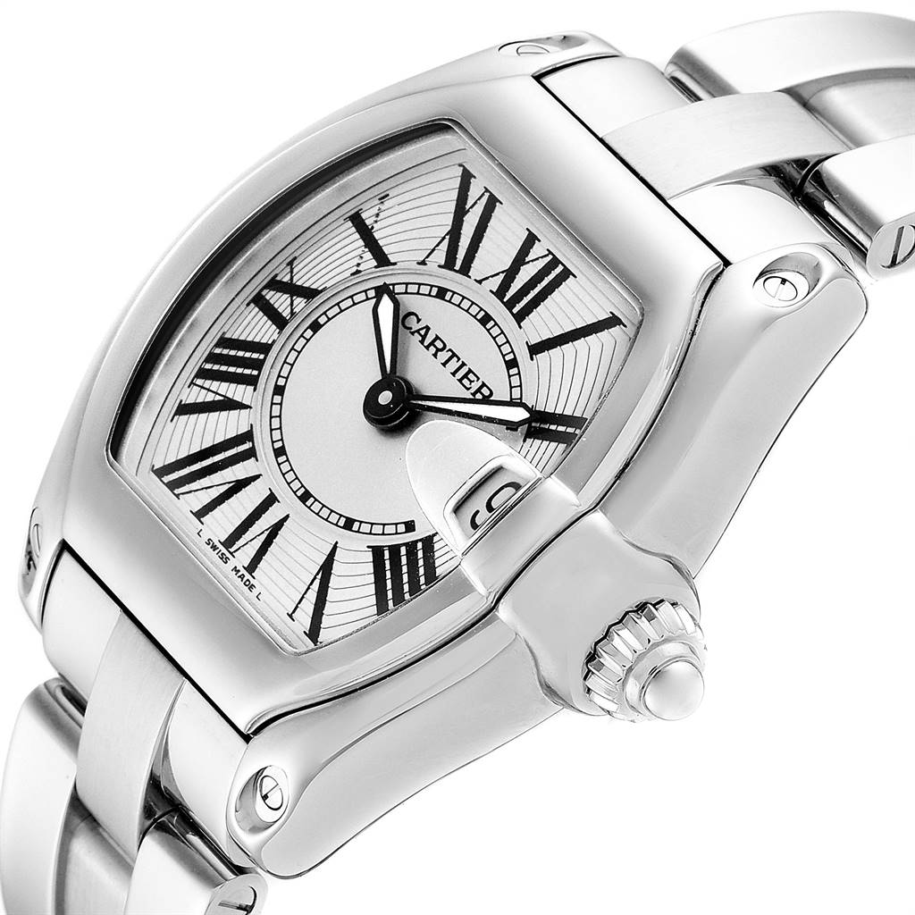 The image shows a close-up view of the Cartier Roadster W62016V3 Women
s Stainless Steel Silver Dial W62016V3 Women
s Stainless Steel Silver Dial watch, highlighting its dial, bezel, crown, and part of the bracelet.