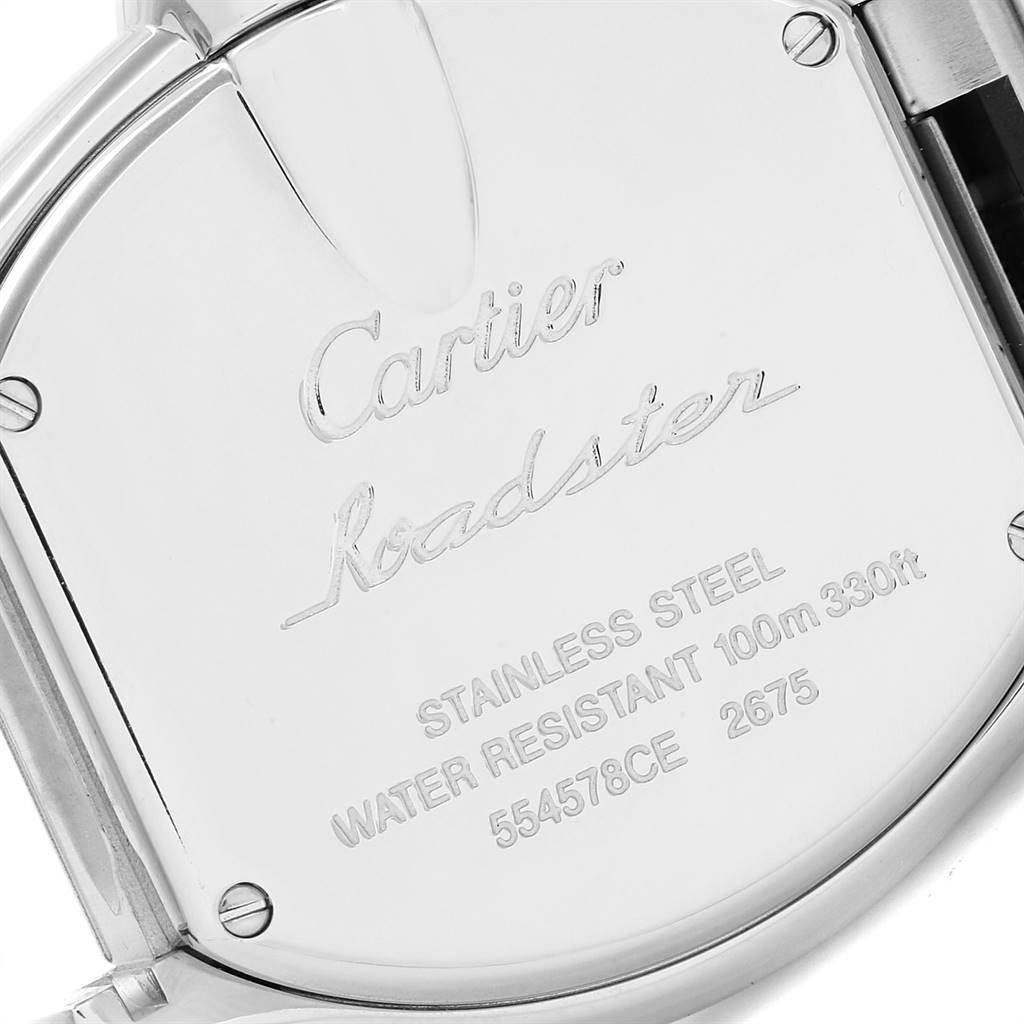 The image shows the back case of a Cartier Roadster W62016V3 Women
s Stainless Steel Silver Dial W62016V3 Women
s Stainless Steel Silver Dial watch, displaying its engravings and details at a close-up angle.