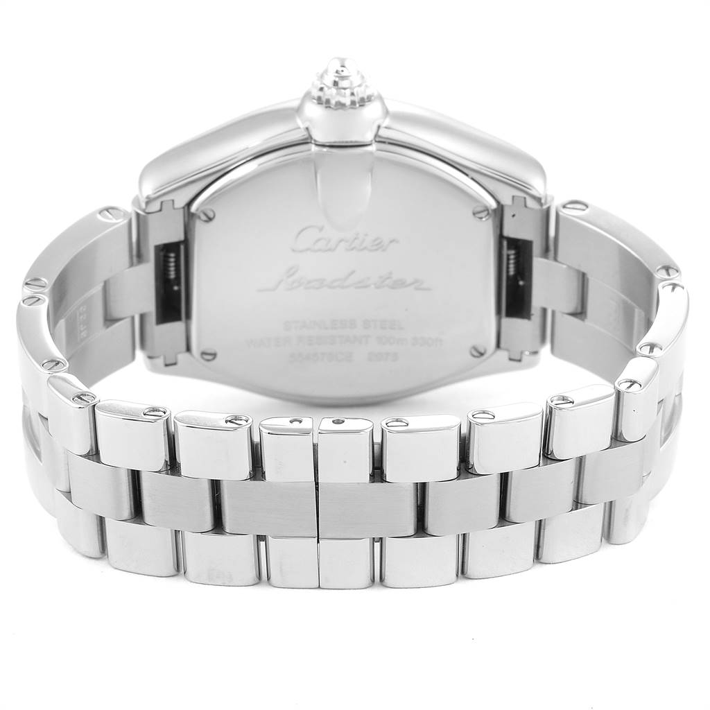 This image shows the back view of a Cartier Roadster W62016V3 Women
s Stainless Steel Silver Dial W62016V3 Women
s Stainless Steel Silver Dial watch, highlighting the stainless steel case and bracelet.
