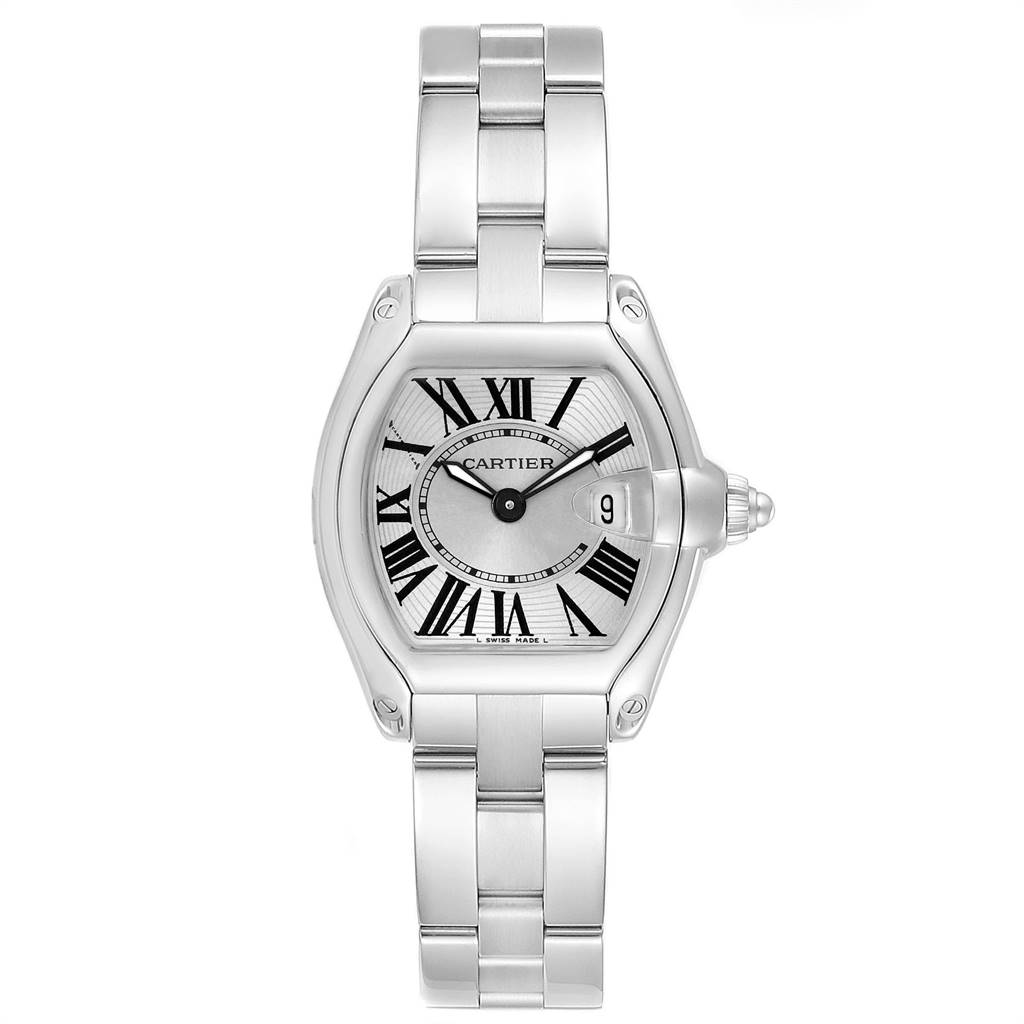 The image shows a top view of the Cartier Roadster W62016V3 Women
s Stainless Steel Silver Dial W62016V3 Women
s Stainless Steel Silver Dial watch, highlighting the face, case, and stainless steel bracelet.