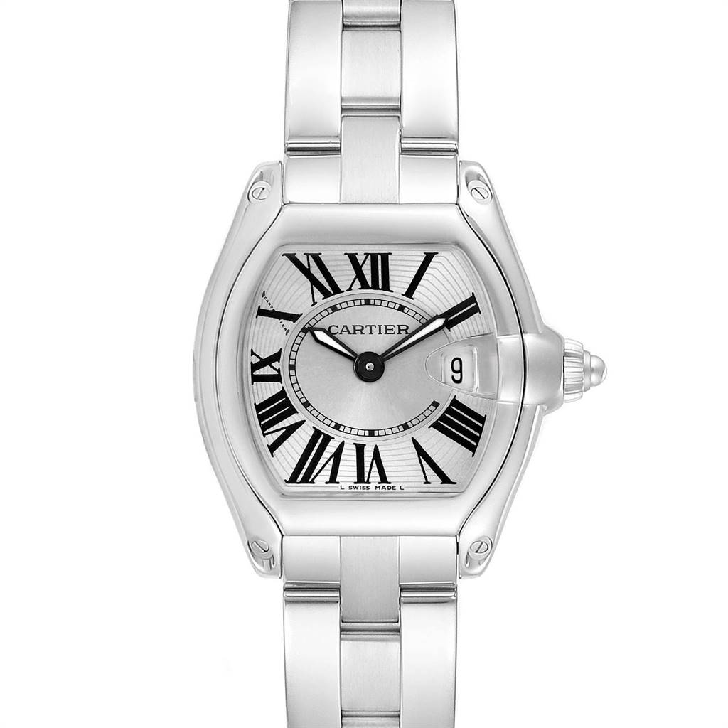 This image shows a frontal view of the Cartier Roadster W62016V3 Women
s Stainless Steel Silver Dial W62016V3 Women
s Stainless Steel Silver Dial watch, highlighting its dial, case, and bracelet.