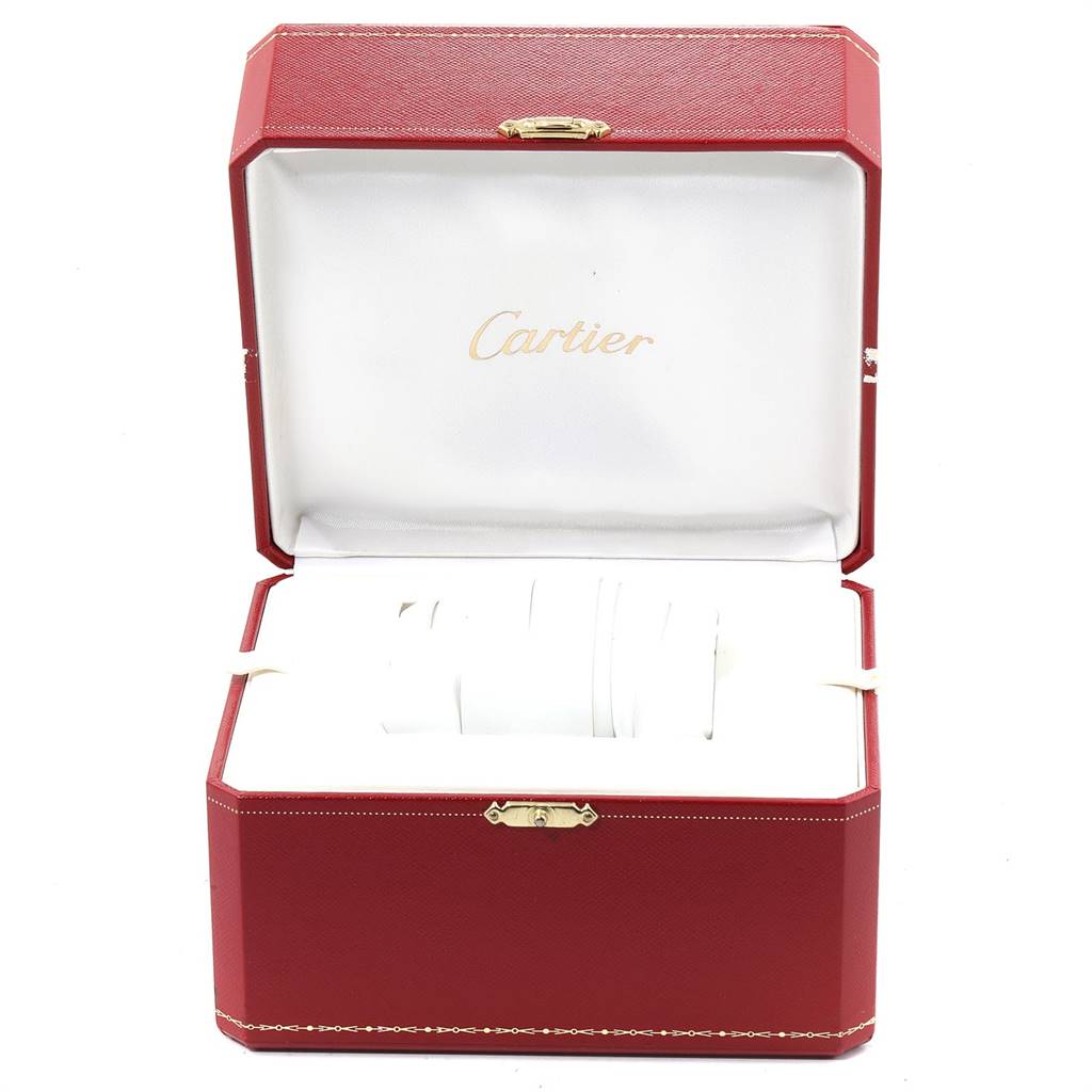 This is an open Cartier Roadster WE5002X2 Women's White Gold Silver Dial WE5002X2 Women's White Gold Silver Dial watch box in red and white, viewed from the front.