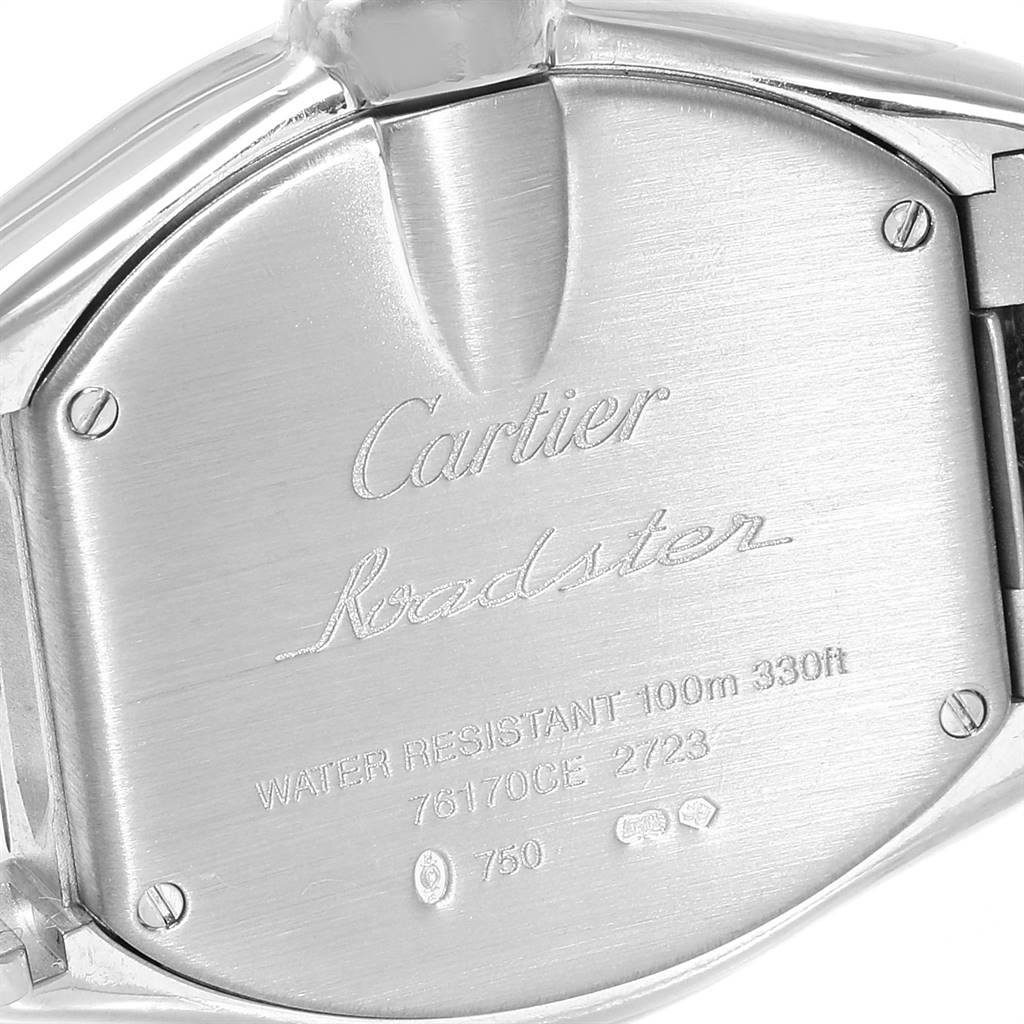 This image shows the back case of the Cartier Roadster WE5002X2 Women's White Gold Silver Dial WE5002X2 Women's White Gold Silver Dial watch, highlighting the engraved details and specifications.