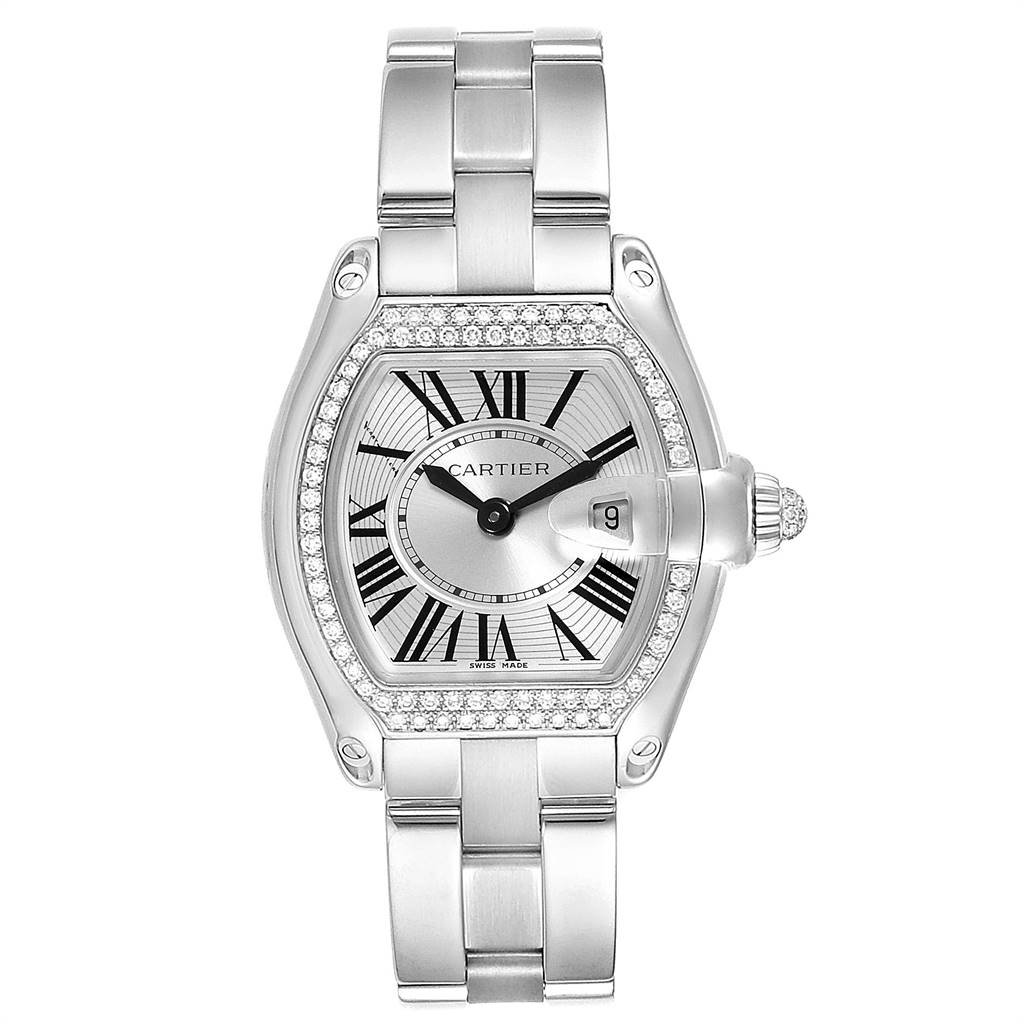 The image shows a front view of the Cartier Roadster WE5002X2 Women's White Gold Silver Dial WE5002X2 Women's White Gold Silver Dial watch, highlighting the face, bezel, and bracelet.