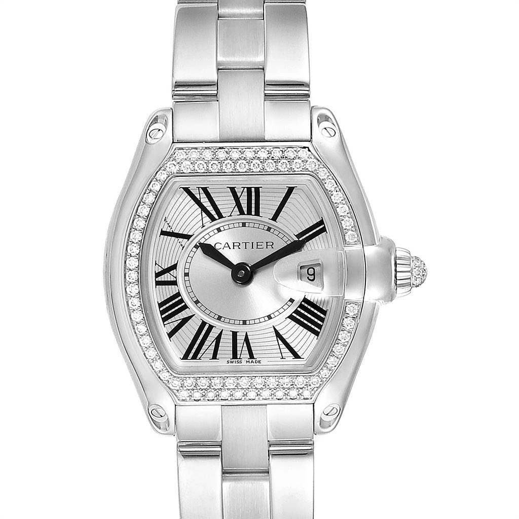 This image shows a Cartier Roadster WE5002X2 Women's White Gold Silver Dial WE5002X2 Women's White Gold Silver Dial watch from a front angle, displaying the dial, bezel, bracelet, and crown.