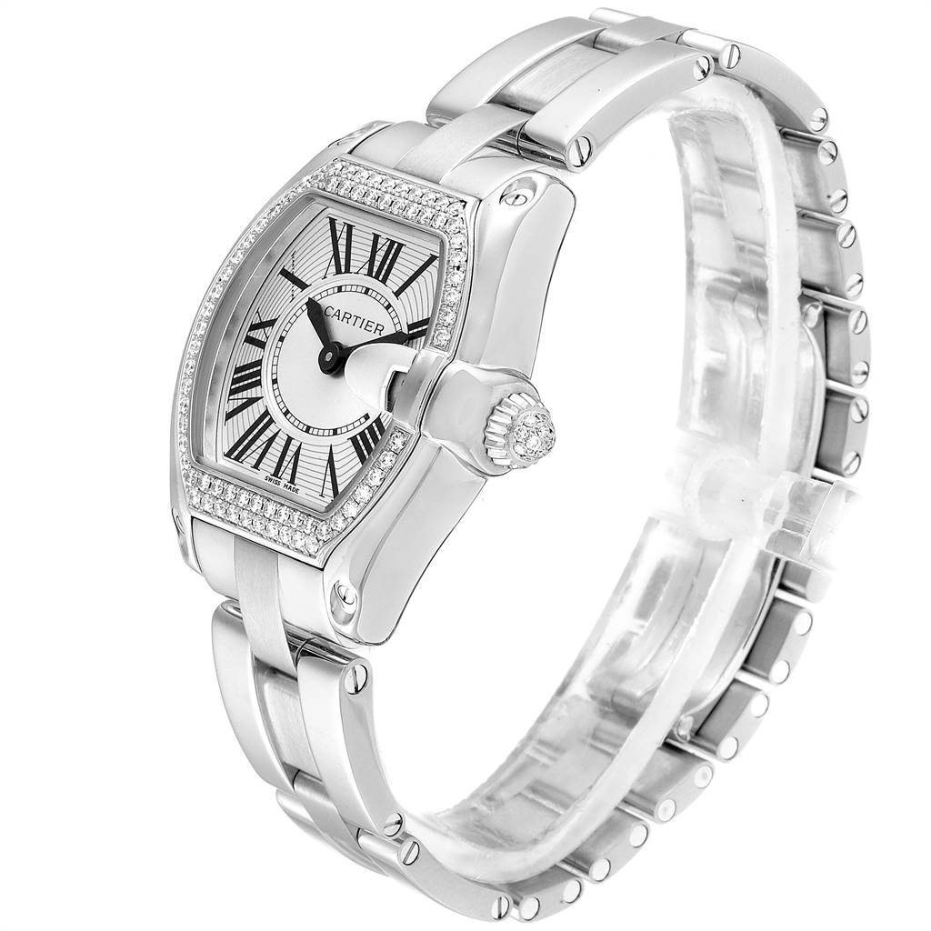 The Cartier Roadster WE5002X2 Women's White Gold Silver Dial WE5002X2 Women's White Gold Silver Dial model watch is shown from a front-side angle highlighting its face, bracelet, and crown.