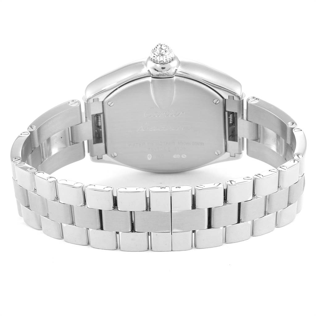 This image shows the back of a Cartier Roadster WE5002X2 Women's White Gold Silver Dial WE5002X2 Women's White Gold Silver Dial watch, highlighting its stainless steel bracelet and case back.