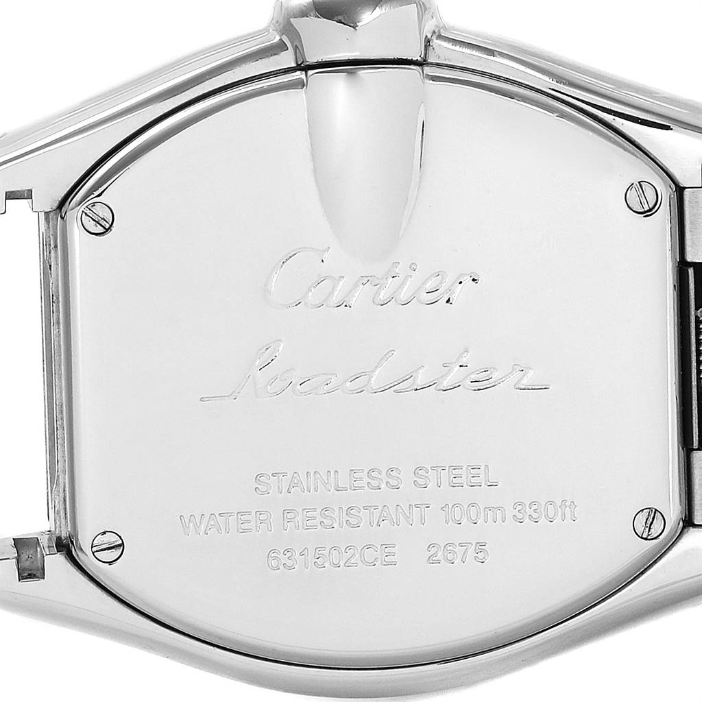 This image shows the stainless steel case back of a Cartier Roadster W62017V3 Women's Stainless Steel Pink Dial W62017V3 Women's Stainless Steel Pink Dial watch, displaying water resistance information and serial numbers.