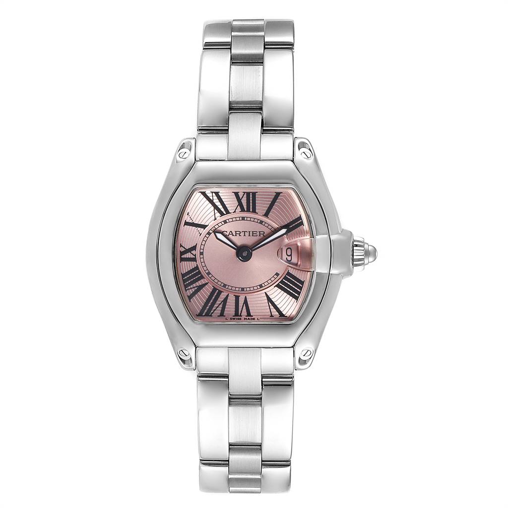 The Cartier Roadster W62017V3 Women's Stainless Steel Pink Dial W62017V3 Women's Stainless Steel Pink Dial watch is shown from a top-down angle, displaying its entire face and bracelet.