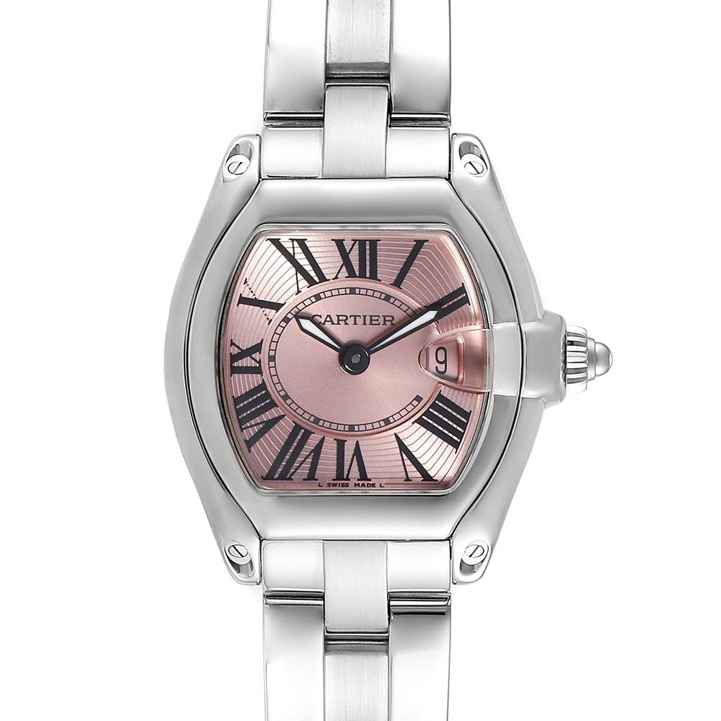 The image shows a front view of the Cartier Roadster W62017V3 Women's Stainless Steel Pink Dial W62017V3 Women's Stainless Steel Pink Dial watch, highlighting its face, hands, date window, and bracelet.
