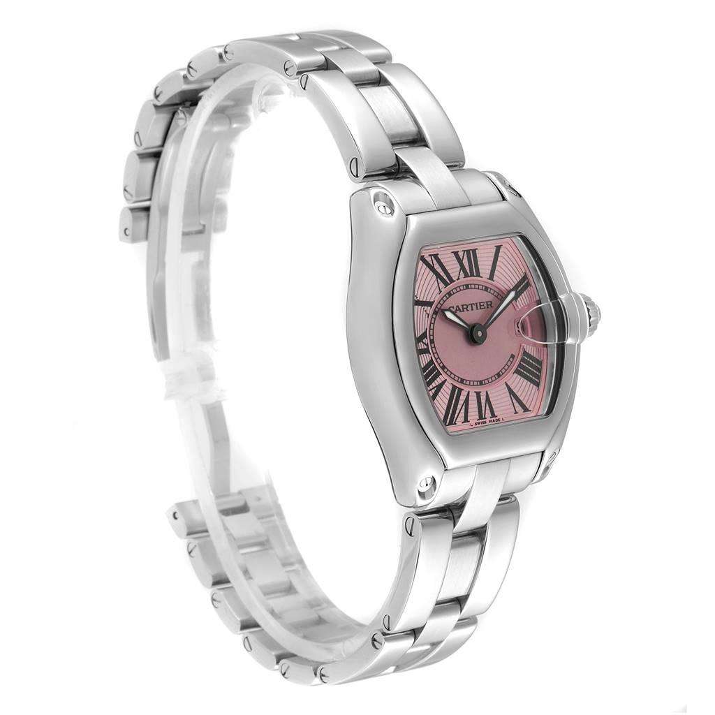 The image shows a Cartier Roadster W62017V3 Women's Stainless Steel Pink Dial W62017V3 Women's Stainless Steel Pink Dial watch at a three-quarter angle, displaying its face, bezel, and bracelet.