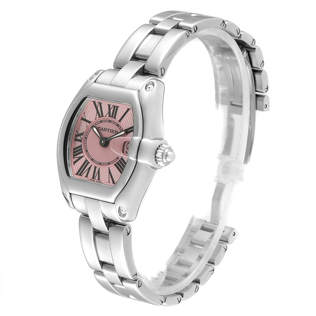 The Cartier Roadster W62017V3 Women's Stainless Steel Pink Dial W62017V3 Women's Stainless Steel Pink Dial watch is shown from a slight side angle, highlighting the face, bracelet, and crown.