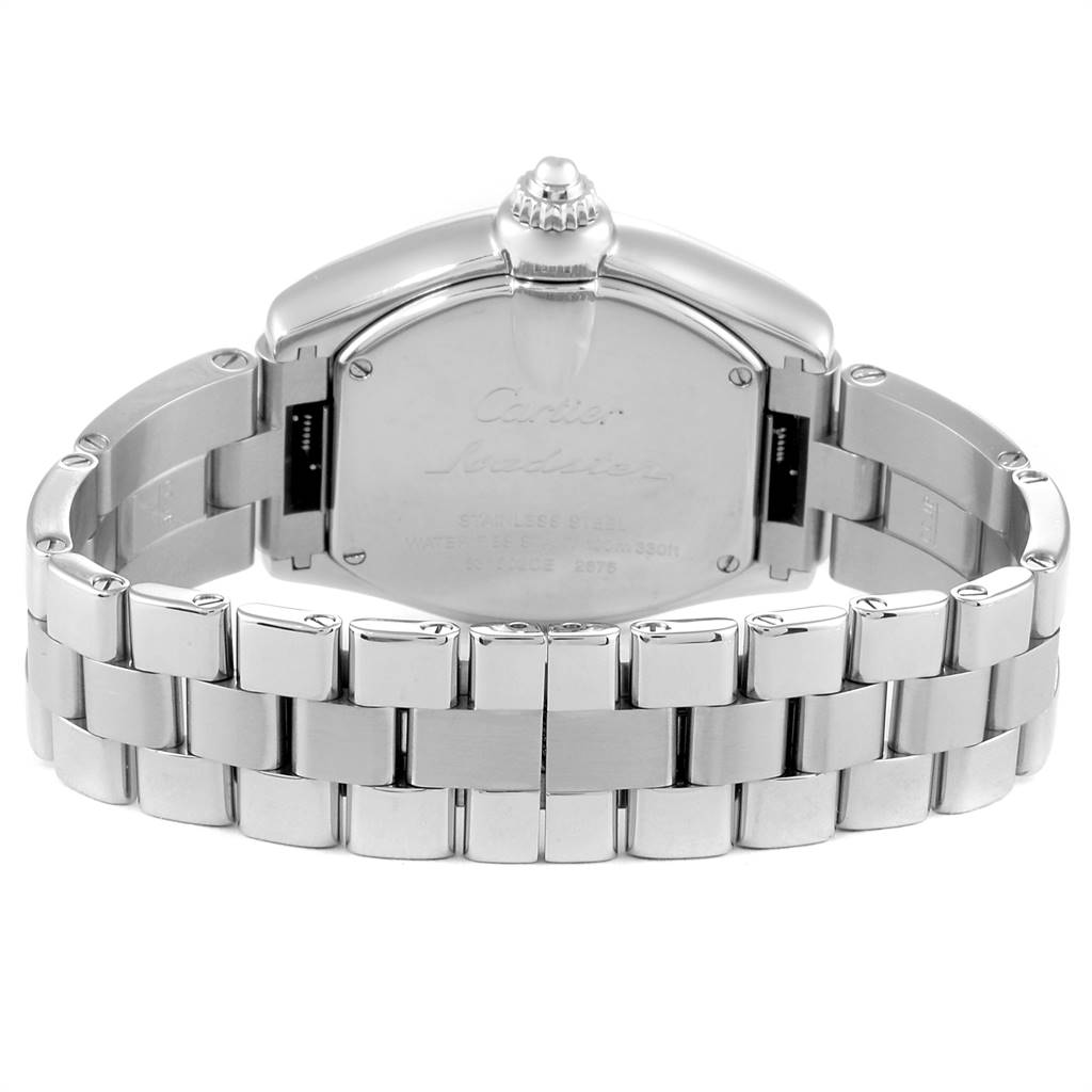 The image shows the back and bracelet of a Cartier Roadster W62017V3 Women's Stainless Steel Pink Dial W62017V3 Women's Stainless Steel Pink Dial watch at a rear angle.