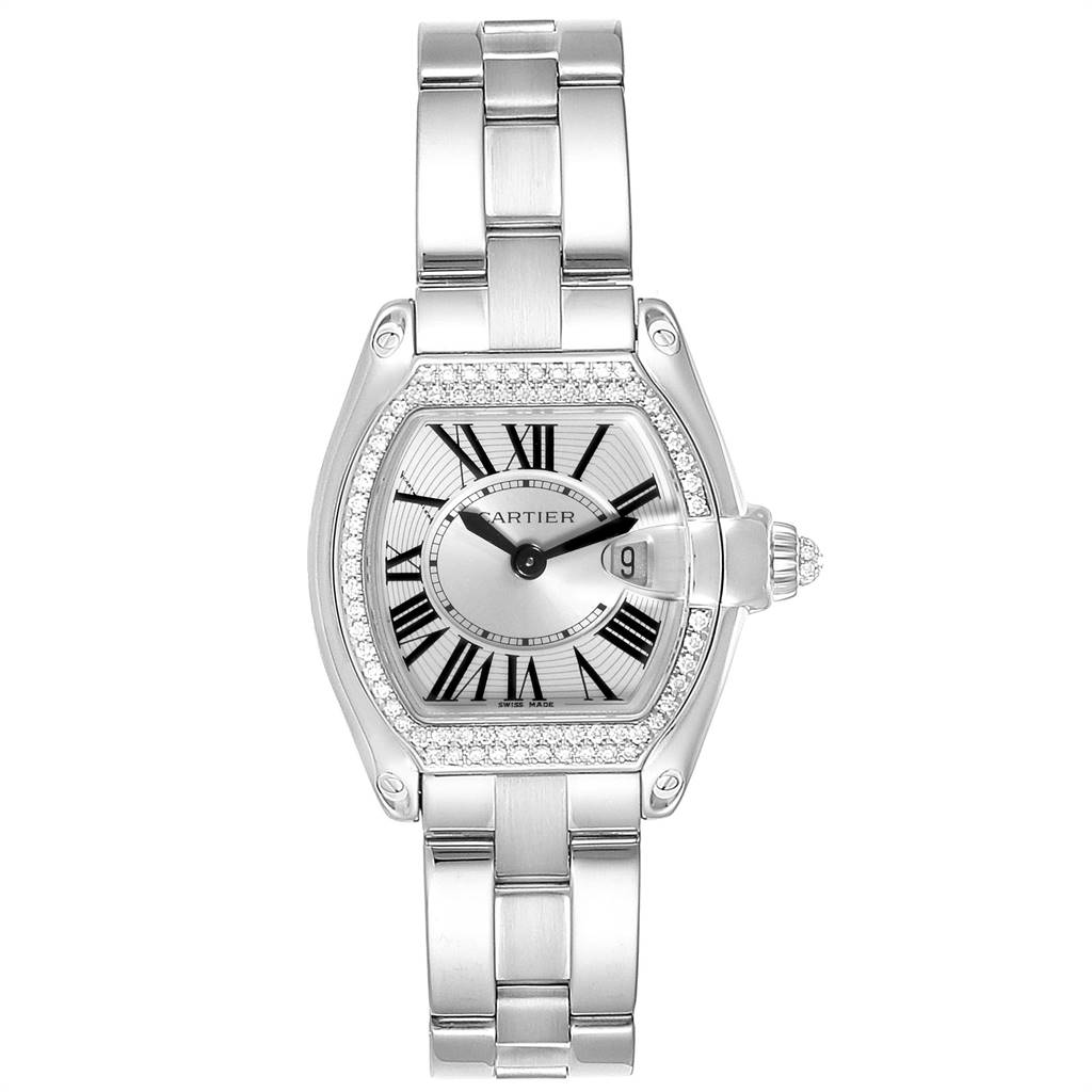 This image shows a front view of the Cartier Roadster WE5002X2 Women's White Gold Silver Dial WE5002X2 Women's White Gold Silver Dial model watch, revealing its face, dial, and bracelet.