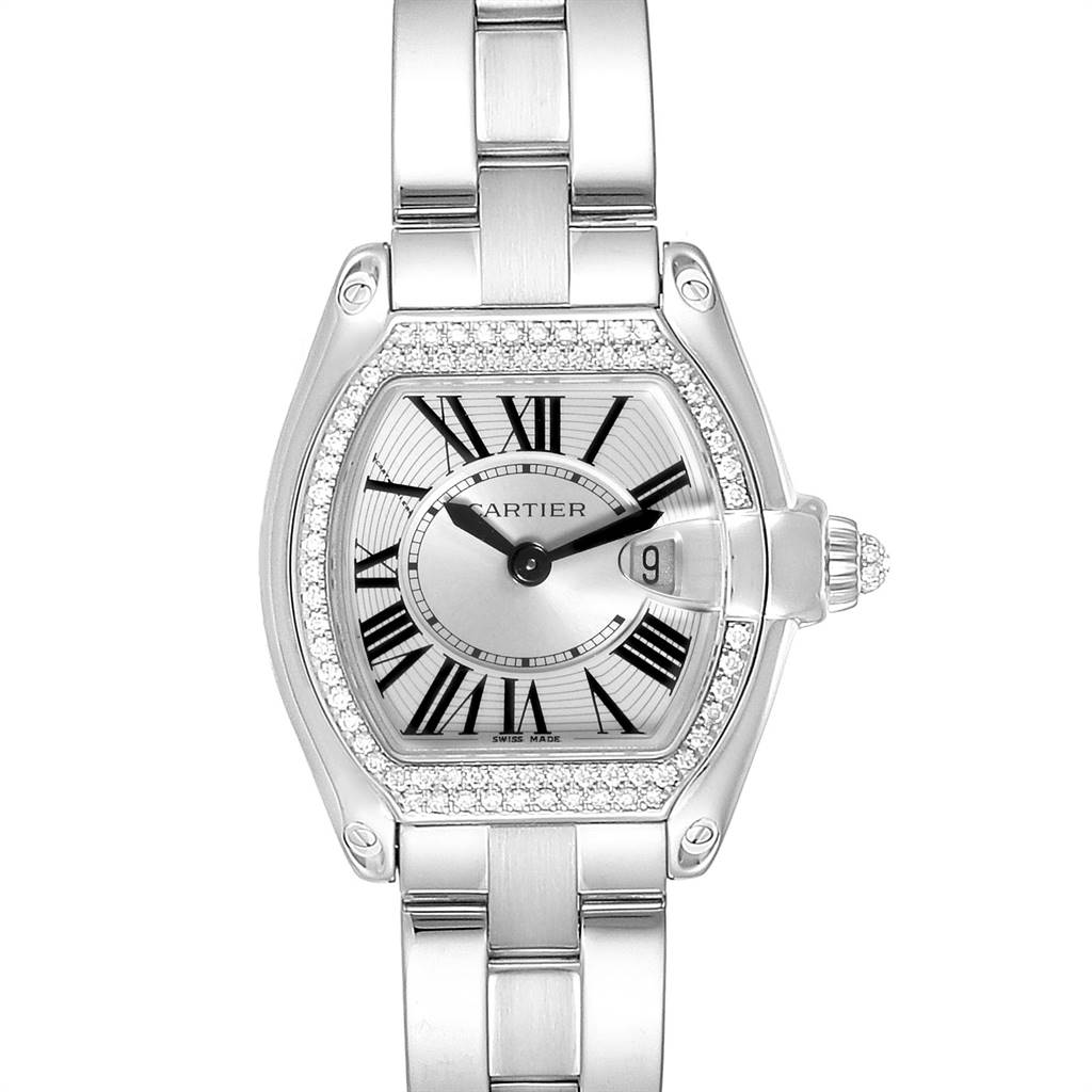 The Cartier Roadster WE5002X2 Women's White Gold Silver Dial WE5002X2 Women's White Gold Silver Dial watch is shown from a front angle, displaying the face, bezel, case, and part of the bracelet.