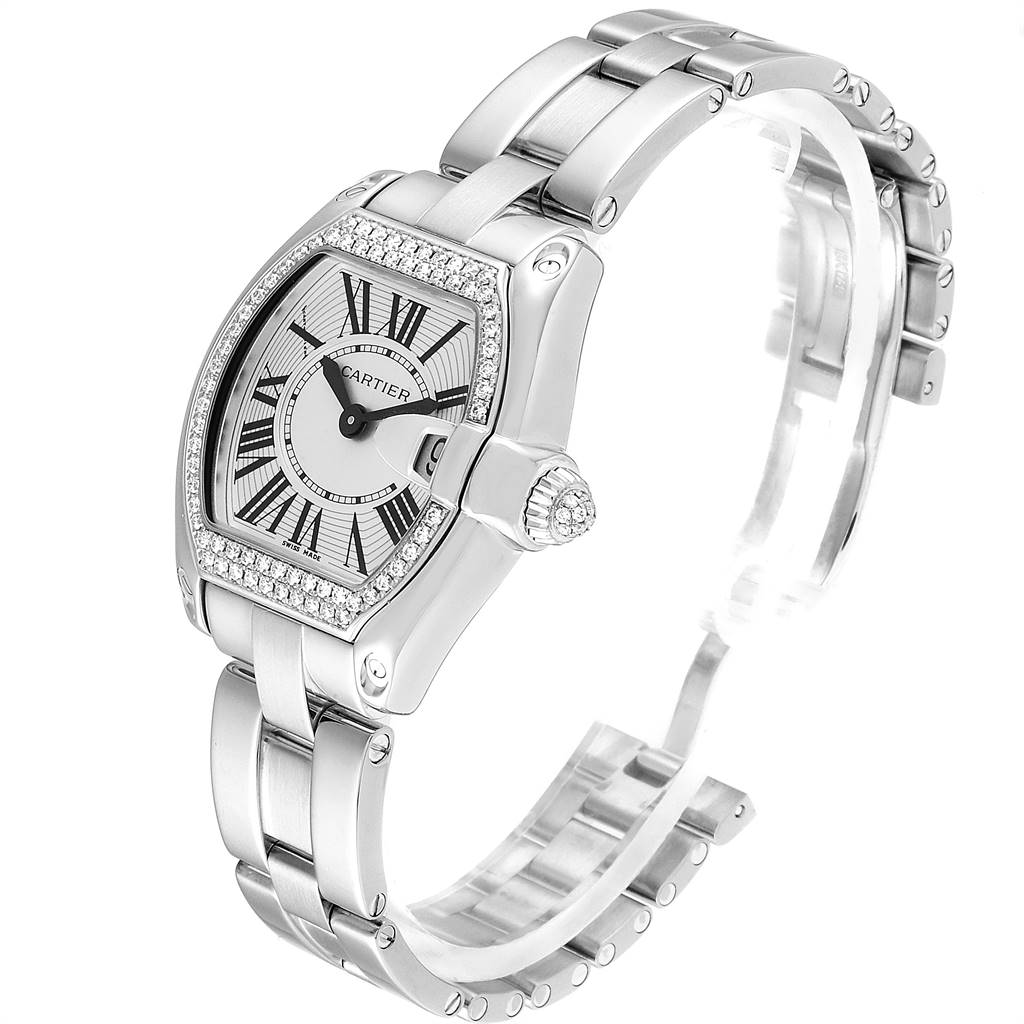 The image shows a Cartier Roadster WE5002X2 Women's White Gold Silver Dial WE5002X2 Women's White Gold Silver Dial watch at a slight angle, highlighting the dial, bezel, and bracelet.