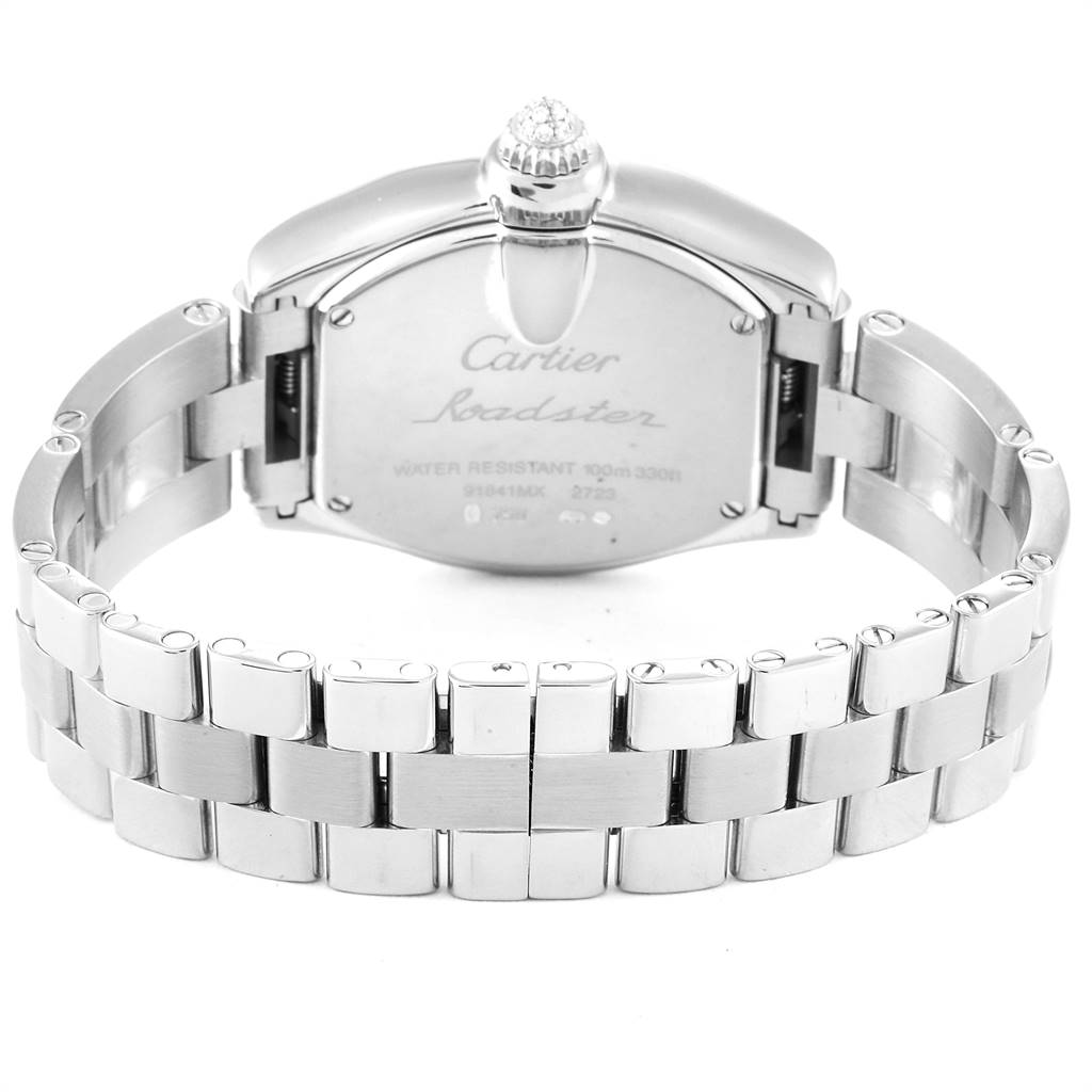 The image shows the back view of the Cartier Roadster WE5002X2 Women's White Gold Silver Dial WE5002X2 Women's White Gold Silver Dial watch, highlighting its case back and stainless steel bracelet.