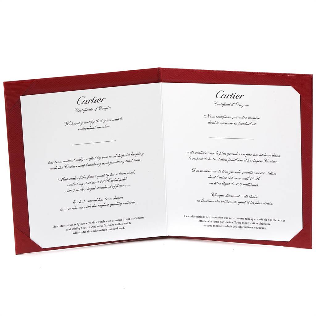 The image shows the certificate of origin booklet for a Cartier Roadster WE5002X2 Women's White Gold Silver Dial WE5002X2 Women's White Gold Silver Dial watch.