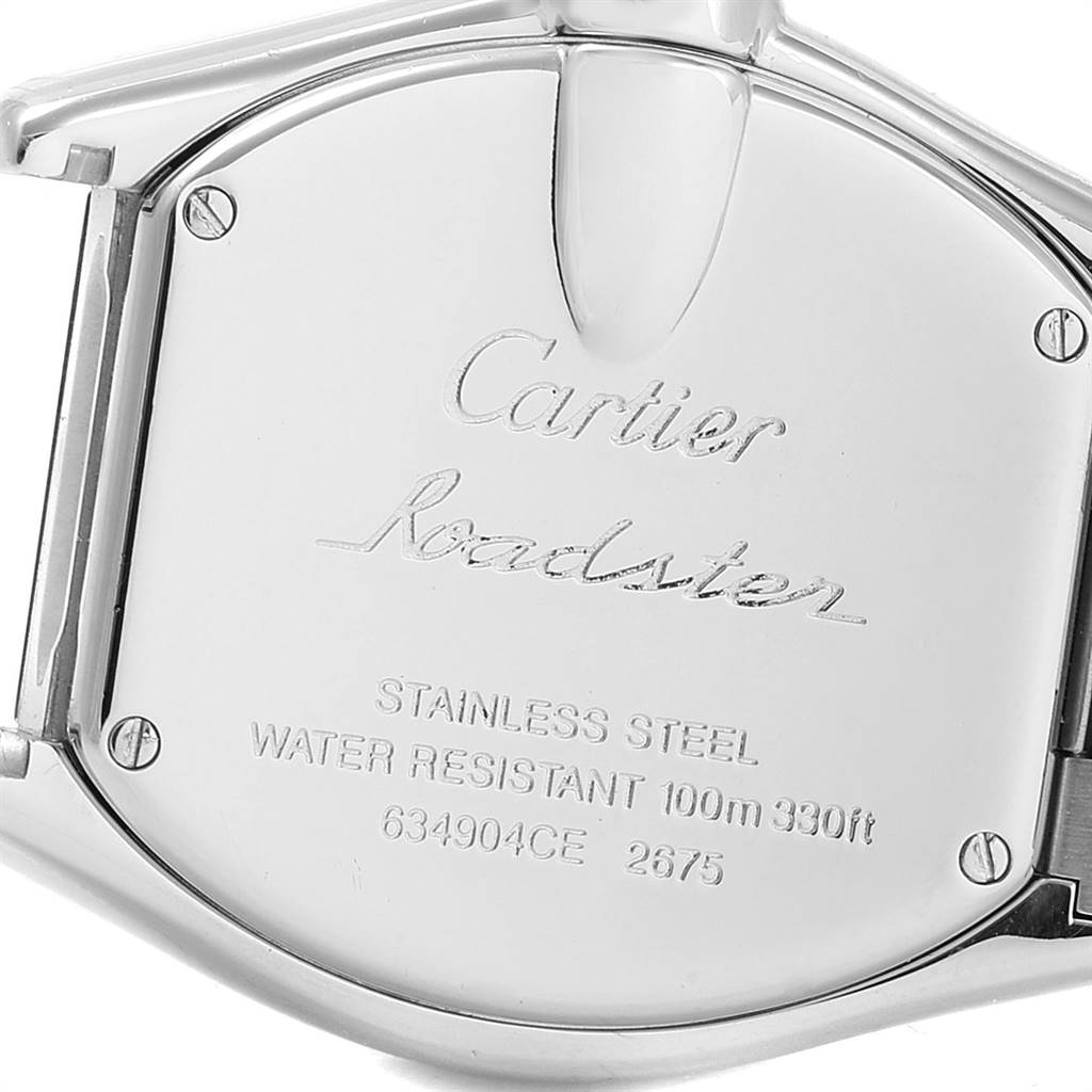 The image shows the back case of a Cartier Roadster W62026Y4 Women's Steel and Gold (two tone) Silver Dial W62026Y4 Women's Steel and Gold (two tone) Silver Dial watch, highlighting the engraved details and stainless steel finish.