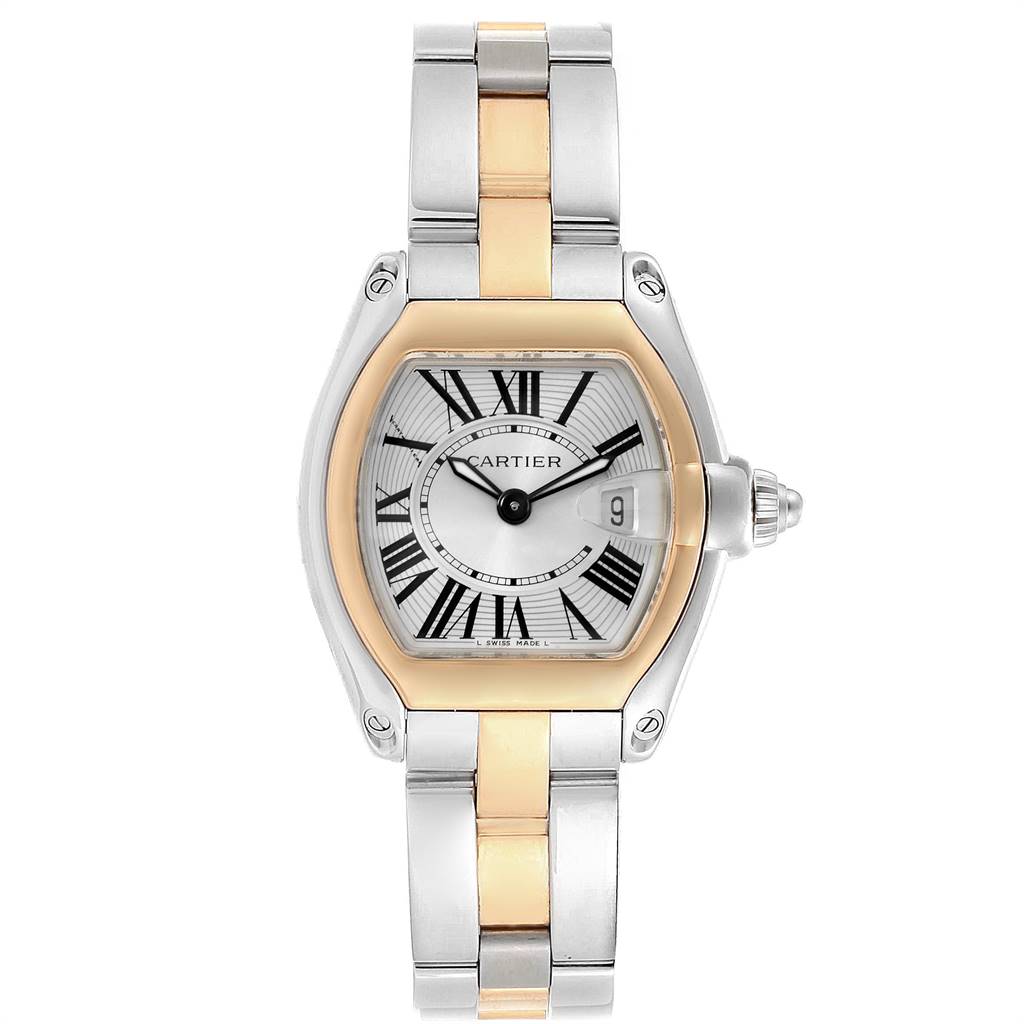 The image shows a frontal view of the Cartier Roadster W62026Y4 Women's Steel and Gold (two tone) Silver Dial W62026Y4 Women's Steel and Gold (two tone) Silver Dial watch, displaying its face and bracelet.