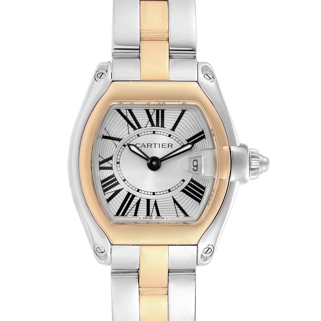 This Cartier Roadster W62026Y4 Women's Steel and Gold (two tone) Silver Dial W62026Y4 Women's Steel and Gold (two tone) Silver Dial model watch is shown from the front, displaying its face, case, and part of the bracelet.