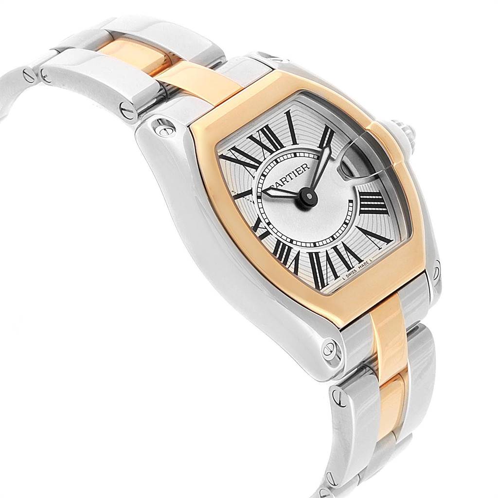 The image shows a Cartier Roadster W62026Y4 Women's Steel and Gold (two tone) Silver Dial W62026Y4 Women's Steel and Gold (two tone) Silver Dial watch angled from the top left, showcasing the face, bezel, and bracelet.