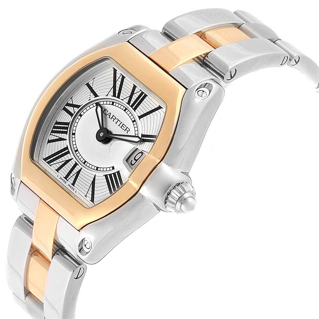 The image shows a Cartier Roadster W62026Y4 Women's Steel and Gold (two tone) Silver Dial W62026Y4 Women's Steel and Gold (two tone) Silver Dial watch at a slightly angled view, highlighting the face, bezel, crown, and part of the bracelet.