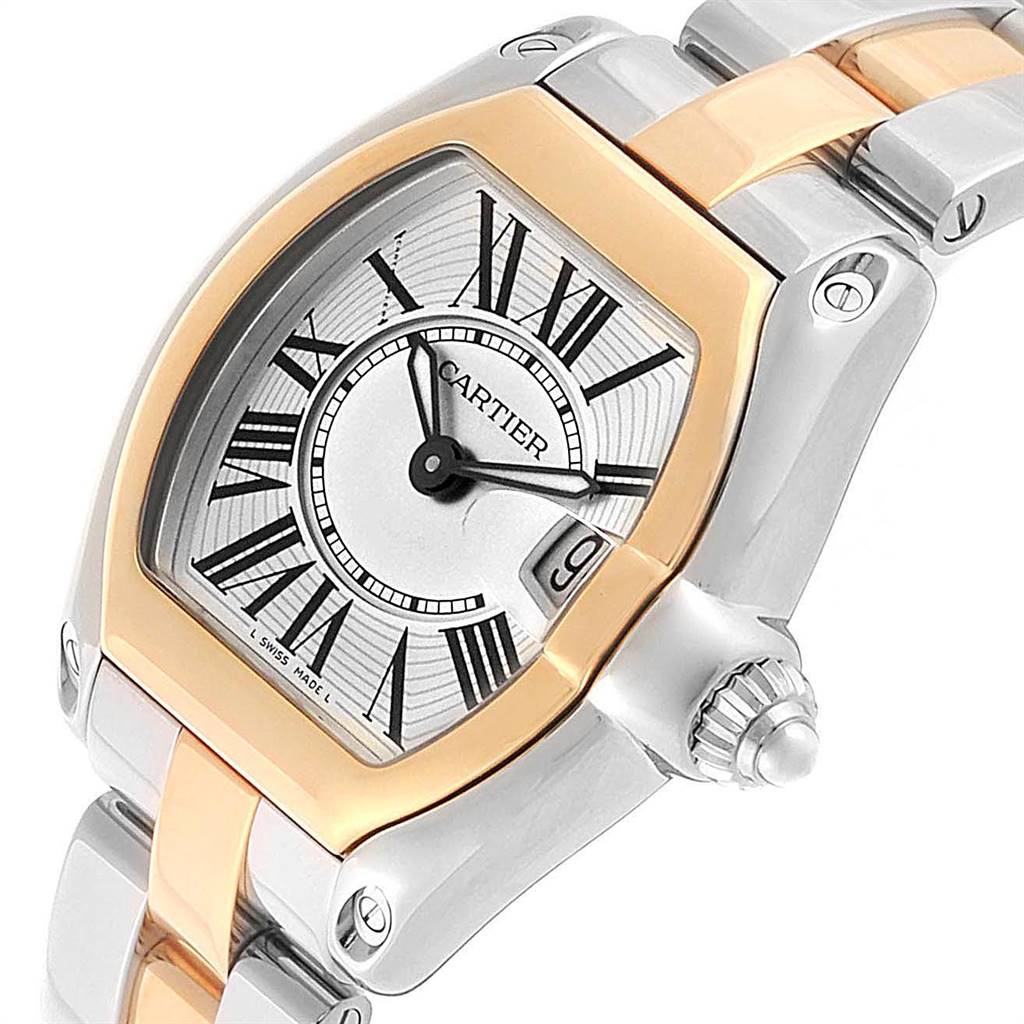 The image shows a close-up angle of the Cartier Roadster W62026Y4 Women's Steel and Gold (two tone) Silver Dial W62026Y4 Women's Steel and Gold (two tone) Silver Dial watch face and part of the bracelet.