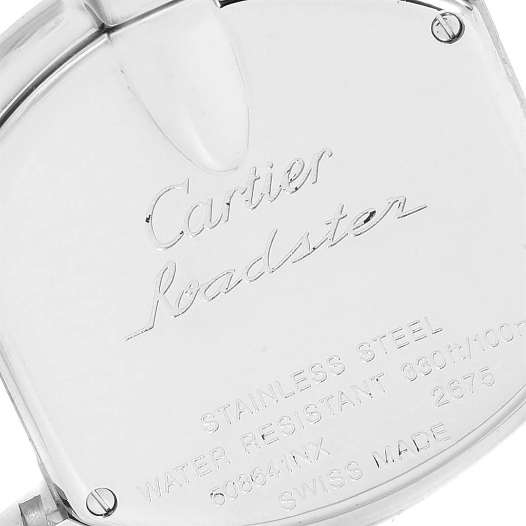 This image shows the back casing of a Cartier Roadster W6206006 Women's Stainless Steel Mother of Pearl Dial W6206006 Women's Stainless Steel Mother of Pearl Dial watch, highlighting its engraved details.