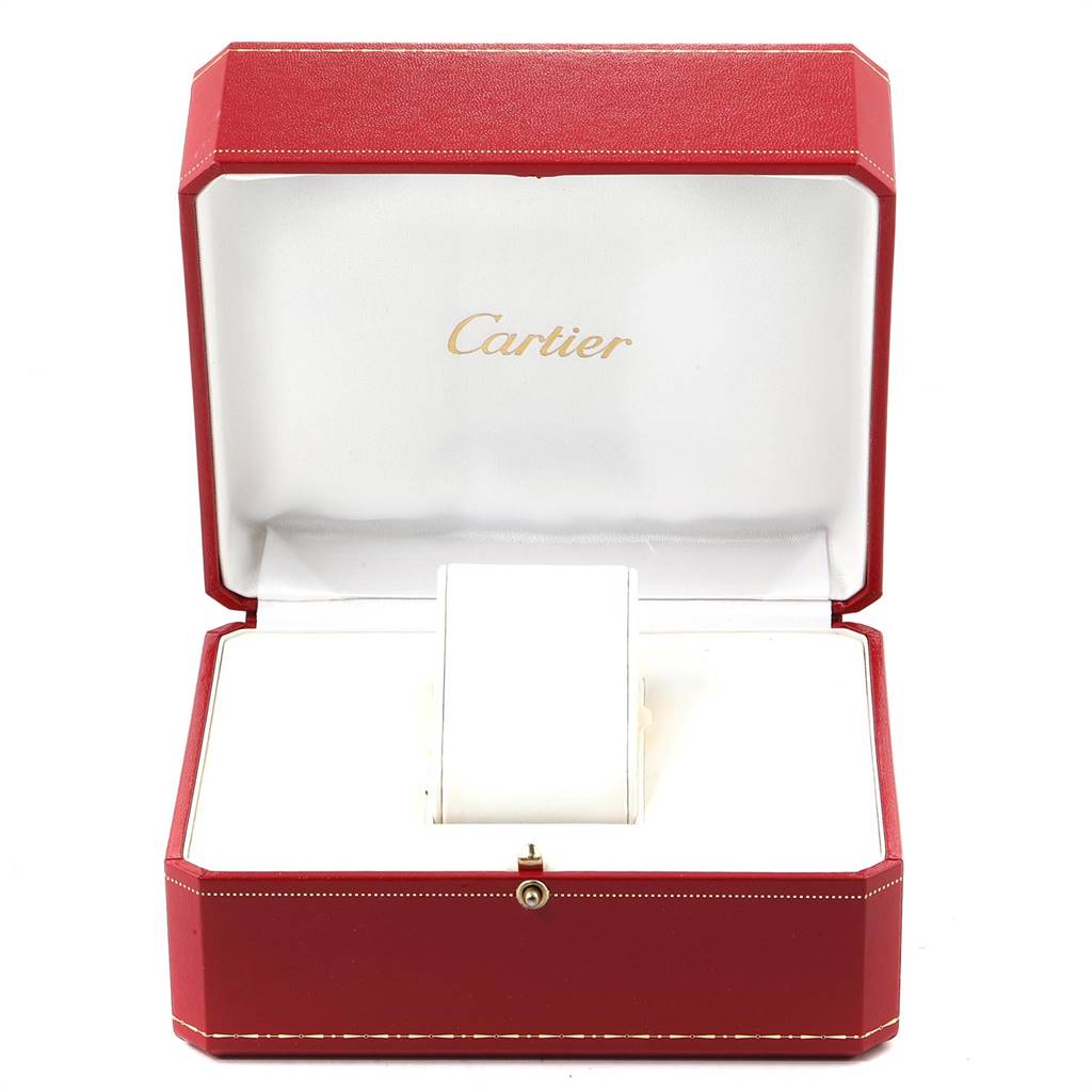 This image shows an open red Cartier watch box, without the Roadster model watch inside.