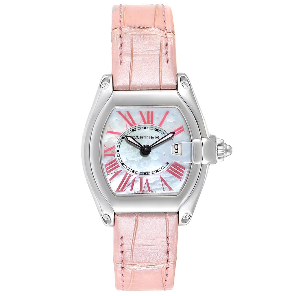 The image shows a front view of the Cartier Roadster W6206006 Women's Stainless Steel Mother of Pearl Dial W6206006 Women's Stainless Steel Mother of Pearl Dial watch, highlighting its dial, crystal, case, and pink strap.