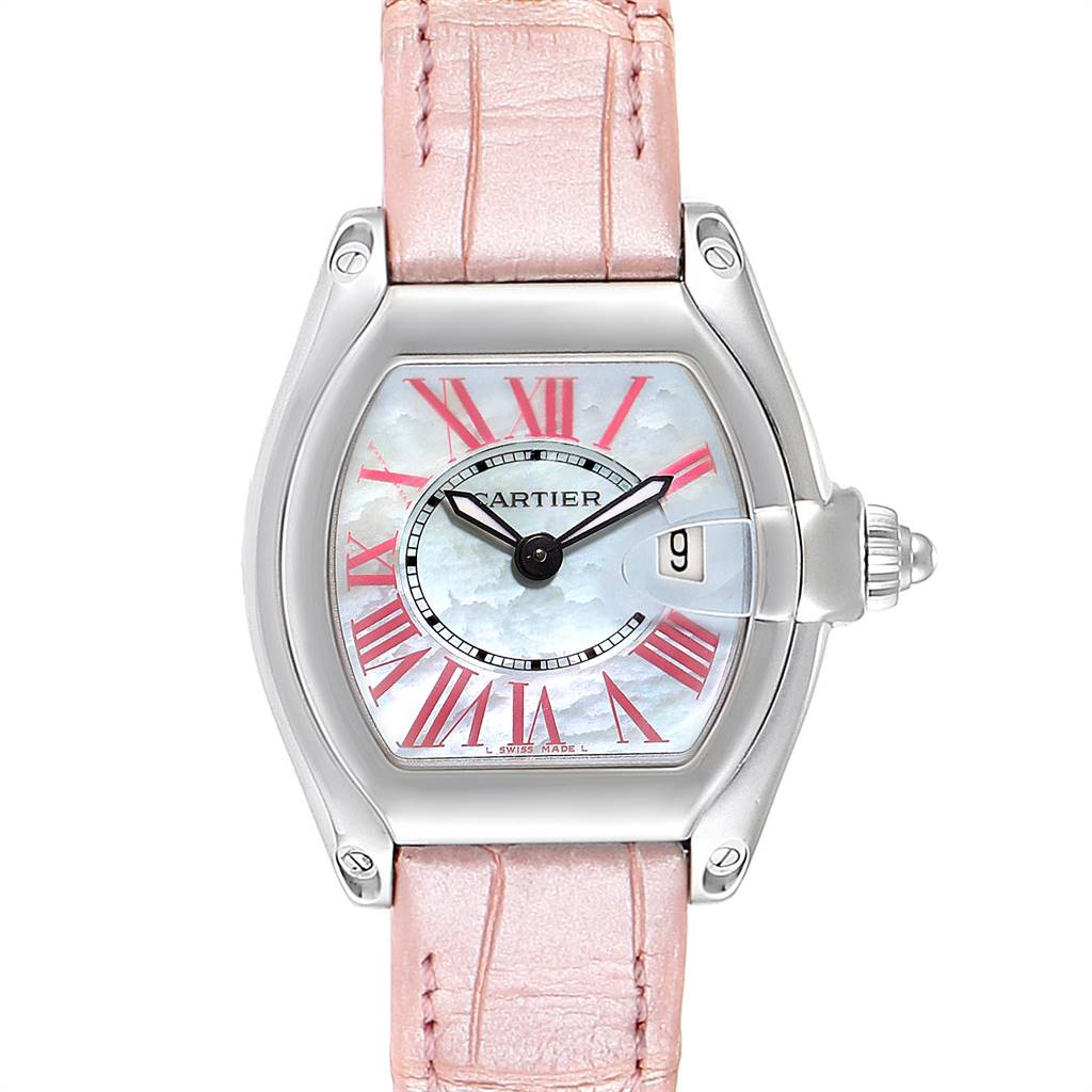 The image shows a front view of a Cartier Roadster W6206006 Women's Stainless Steel Mother of Pearl Dial W6206006 Women's Stainless Steel Mother of Pearl Dial watch featuring a pink strap and roman numerals.