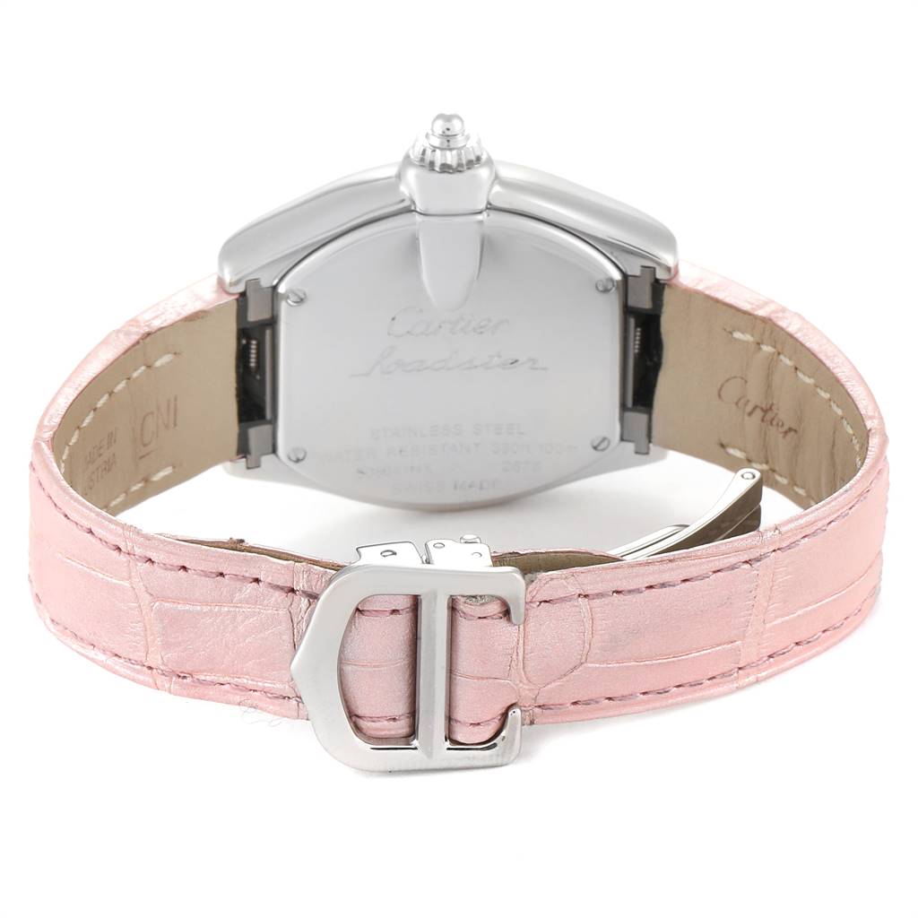The image shows the back of the Cartier Roadster W6206006 Women's Stainless Steel Mother of Pearl Dial W6206006 Women's Stainless Steel Mother of Pearl Dial watch and its pink leather strap with a metal clasp.