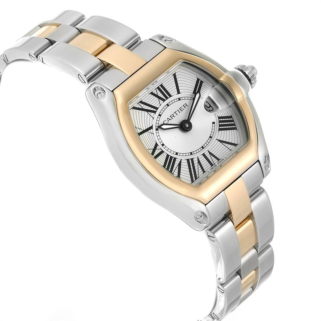 This image shows the front and part of the bracelet of the Cartier Roadster W62026Y4 Women's Steel and Gold (two tone) Silver Dial W62026Y4 Women's Steel and Gold (two tone) Silver Dial watch at an angle.