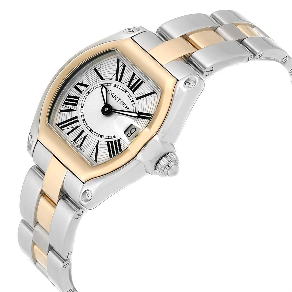 The Cartier Roadster W62026Y4 Women's Steel and Gold (two tone) Silver Dial W62026Y4 Women's Steel and Gold (two tone) Silver Dial watch is shown at a slight angle, displaying the face, bracelet, and crown prominently.