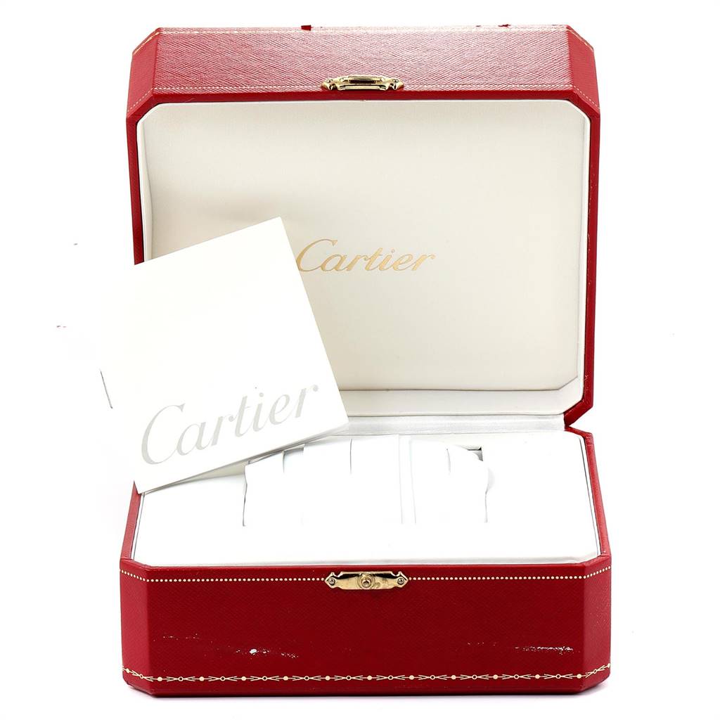 The image shows an open Cartier Roadster W62026Y4 Women's Steel and Gold (two tone) Silver Dial W62026Y4 Women's Steel and Gold (two tone) Silver Dial watch case and a booklet inside.