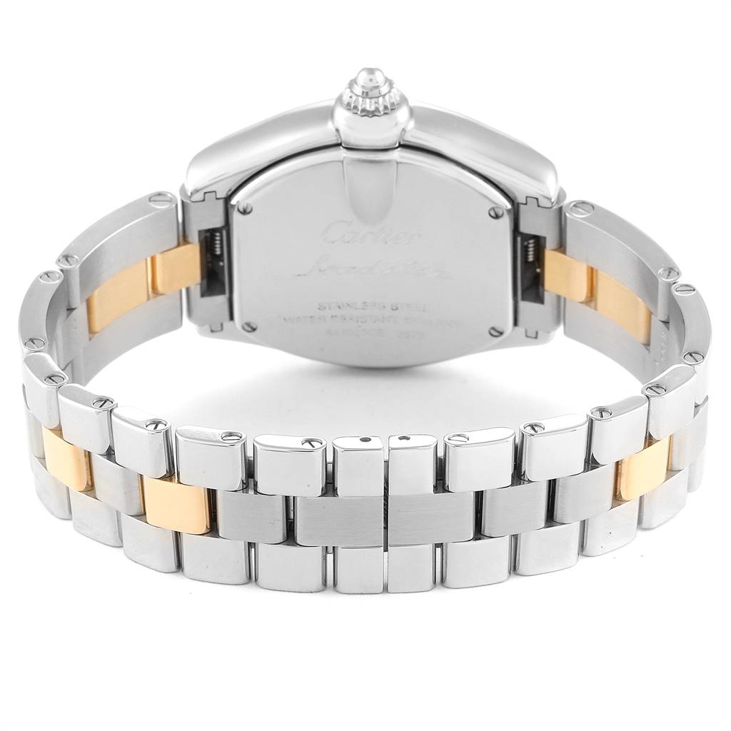 This image shows the back view of a Cartier Roadster W62026Y4 Women's Steel and Gold (two tone) Silver Dial W62026Y4 Women's Steel and Gold (two tone) Silver Dial watch, highlighting its stainless steel and gold bracelet and clasp.