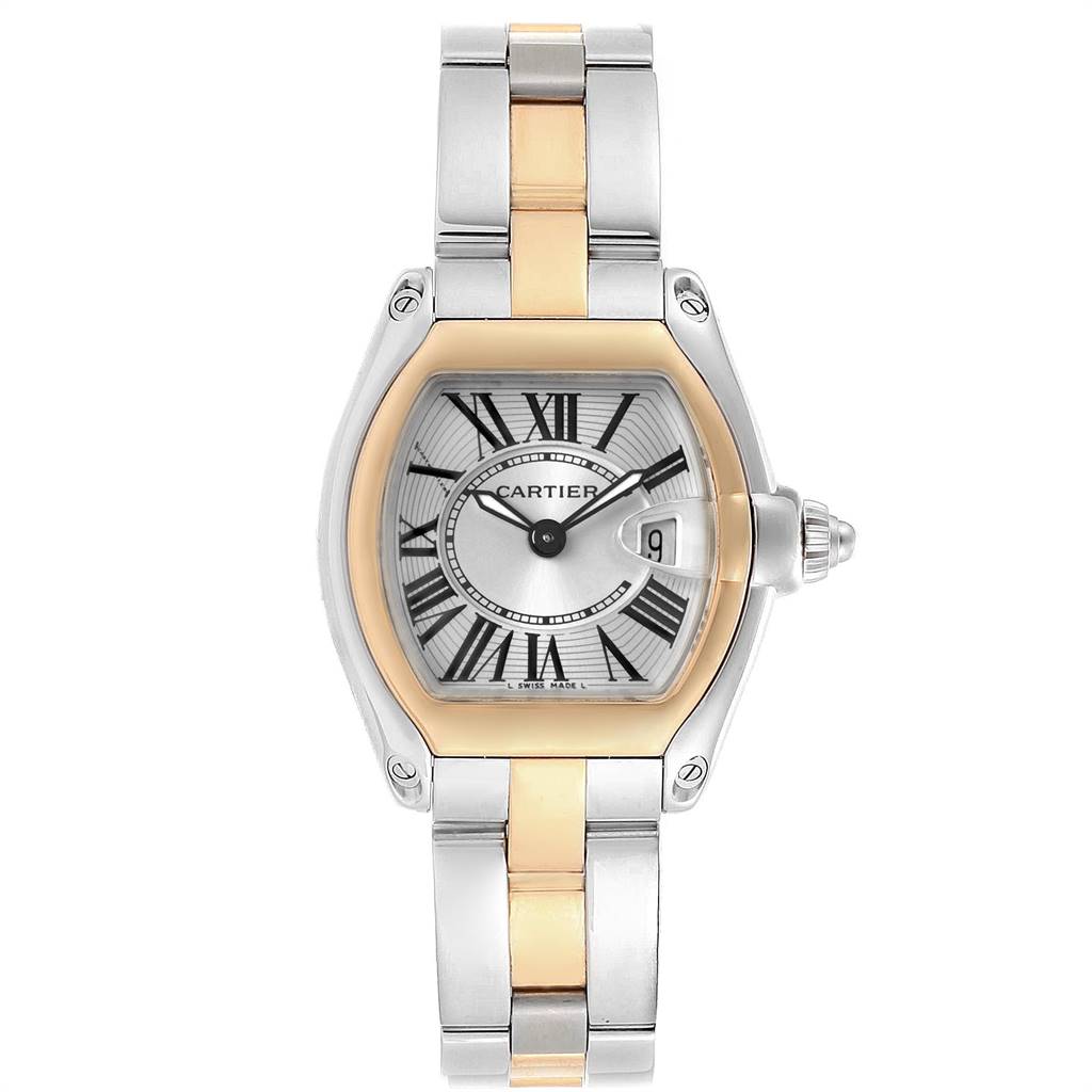 This image shows the front view of a two-tone Cartier Roadster W62026Y4 Women's Steel and Gold (two tone) Silver Dial W62026Y4 Women's Steel and Gold (two tone) Silver Dial watch, including its dial and metal bracelet.
