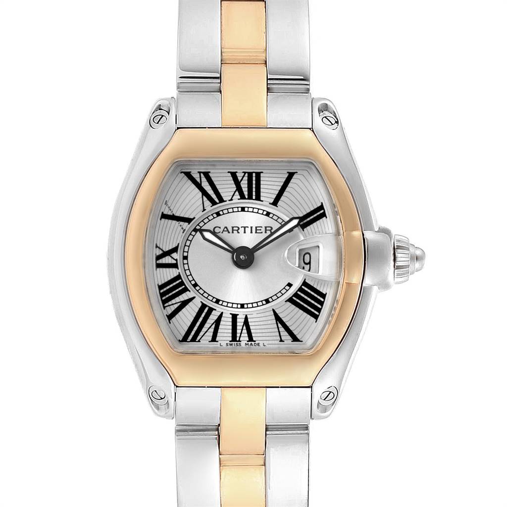 The image shows a front view of a Cartier Roadster W62026Y4 Women's Steel and Gold (two tone) Silver Dial W62026Y4 Women's Steel and Gold (two tone) Silver Dial watch, highlighting the face, bezel, and metal bracelet.