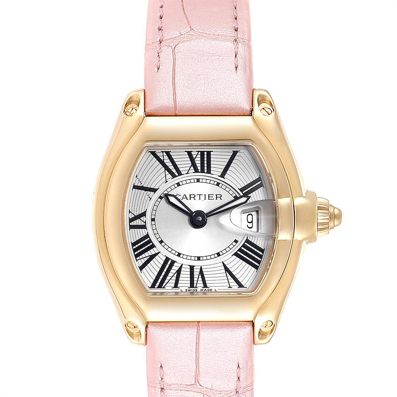 Cartier Roadster Yellow Gold Pink Strap Ladies Watch W62018Y5 Box Papers SwissWatchExpo