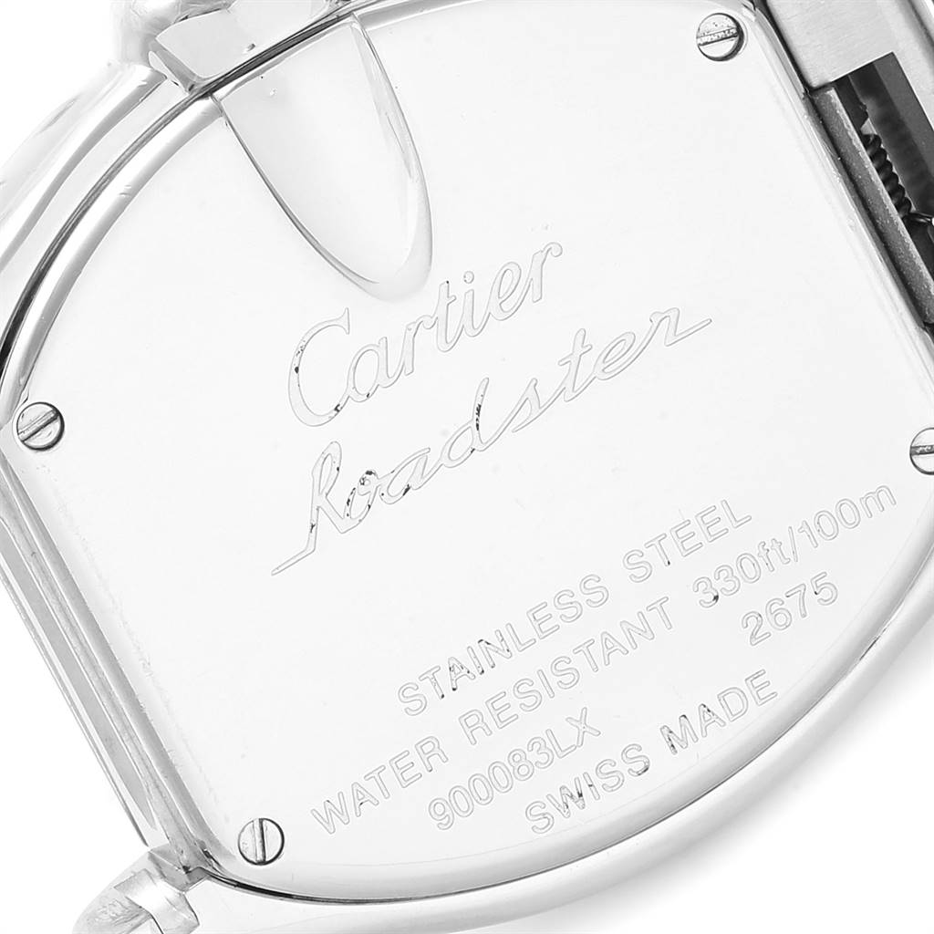 This image shows the case back of a Cartier Roadster W62017V3 Women's Stainless Steel Pink Dial W62017V3 Women's Stainless Steel Pink Dial model watch, highlighting its engravings and screws.